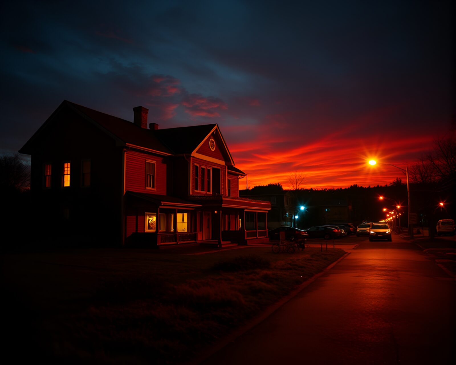 Dark and eerie sunset scene with mysterious golem figure