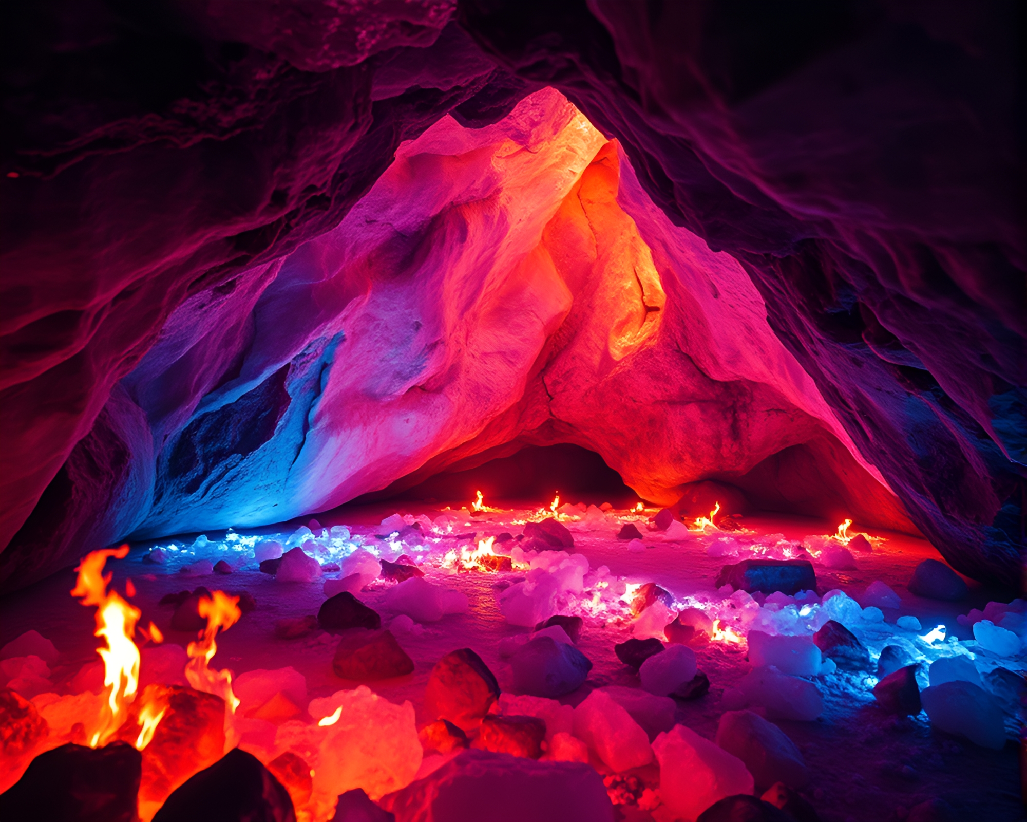Glacial Cave Alight: Ultraviolet Embers Dance Dramatically – free AI stock image