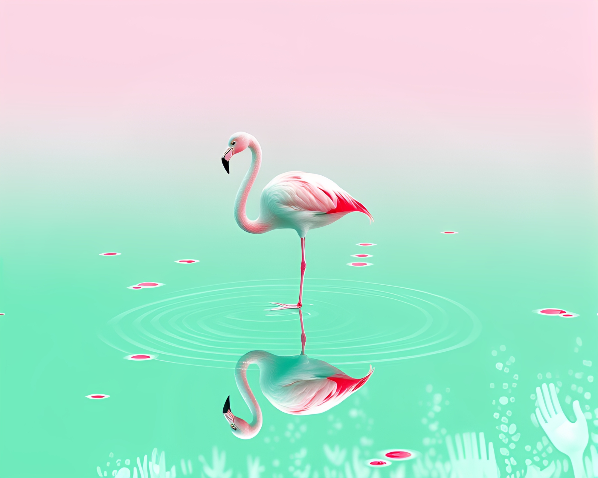 Mint Flamingo Reflection in ASCII Puddle – free AI stock image