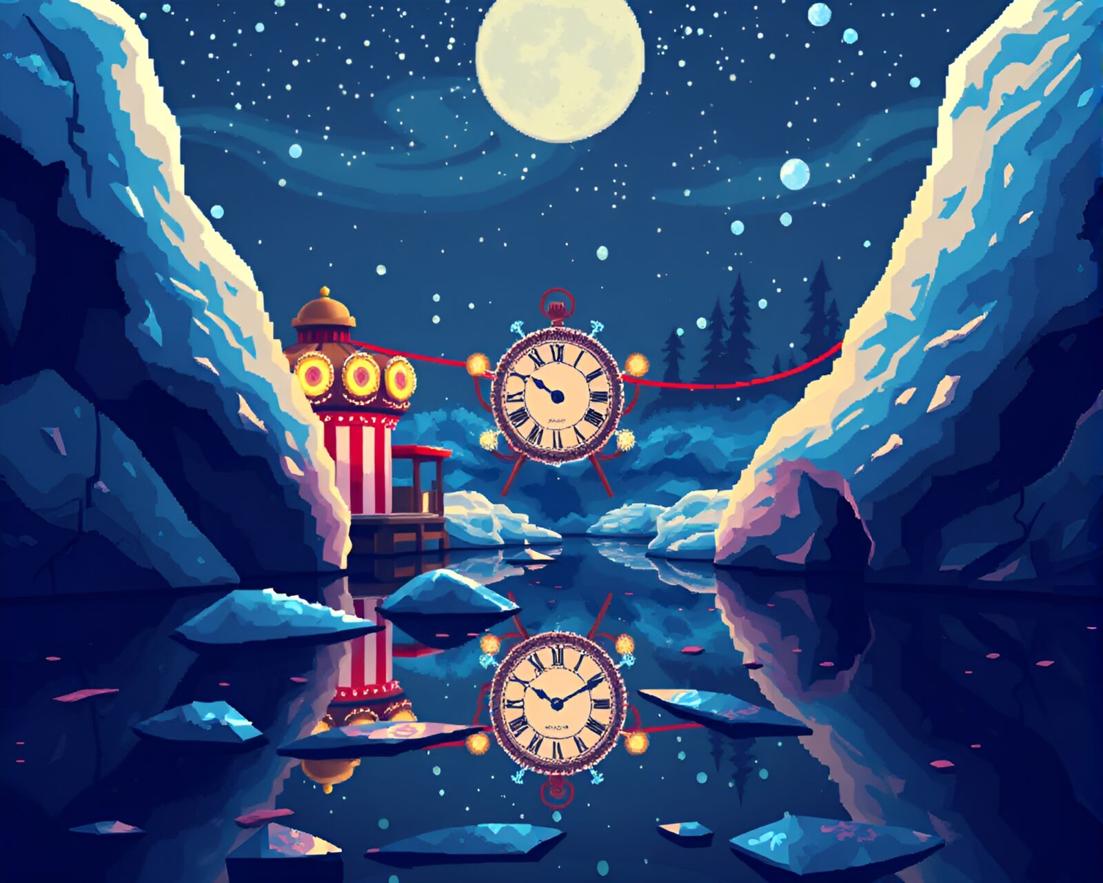 Pixel art of pocket watch on icy surface with colorful lights