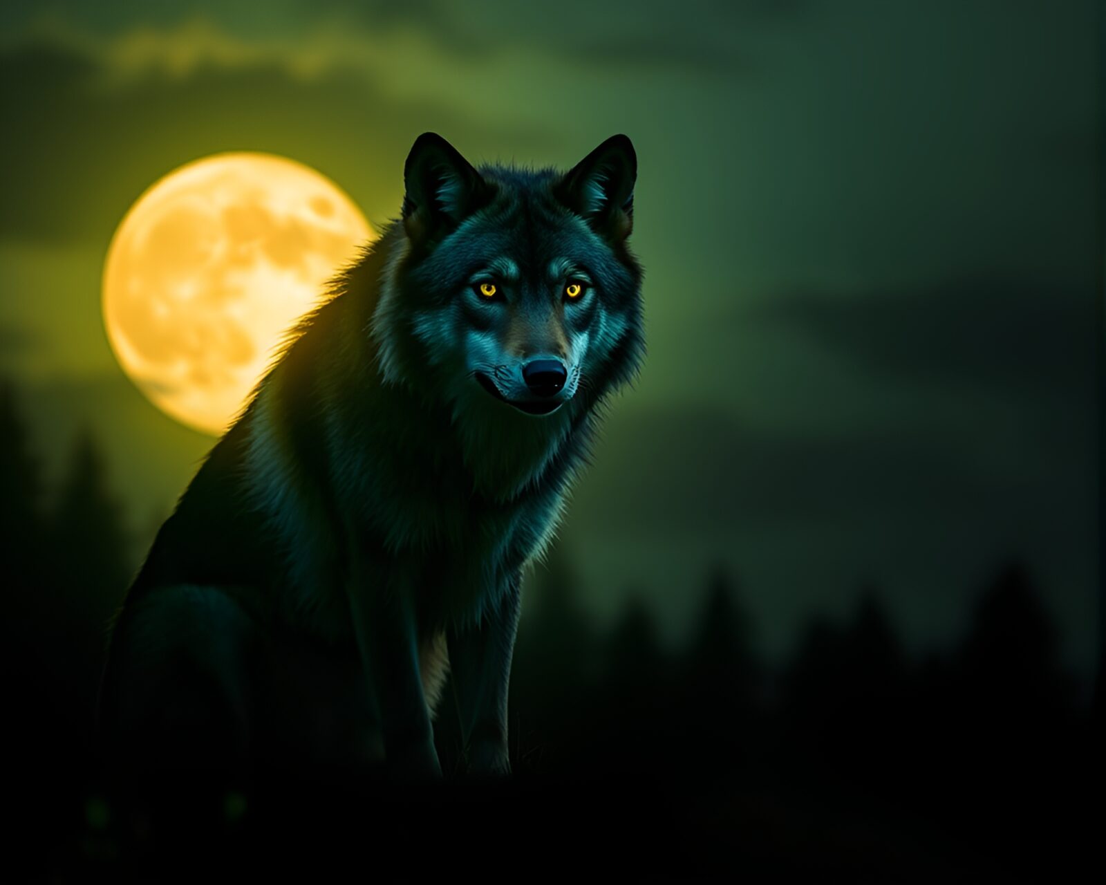 Enchanted wolf under moonlight surrounded by glowing fibers