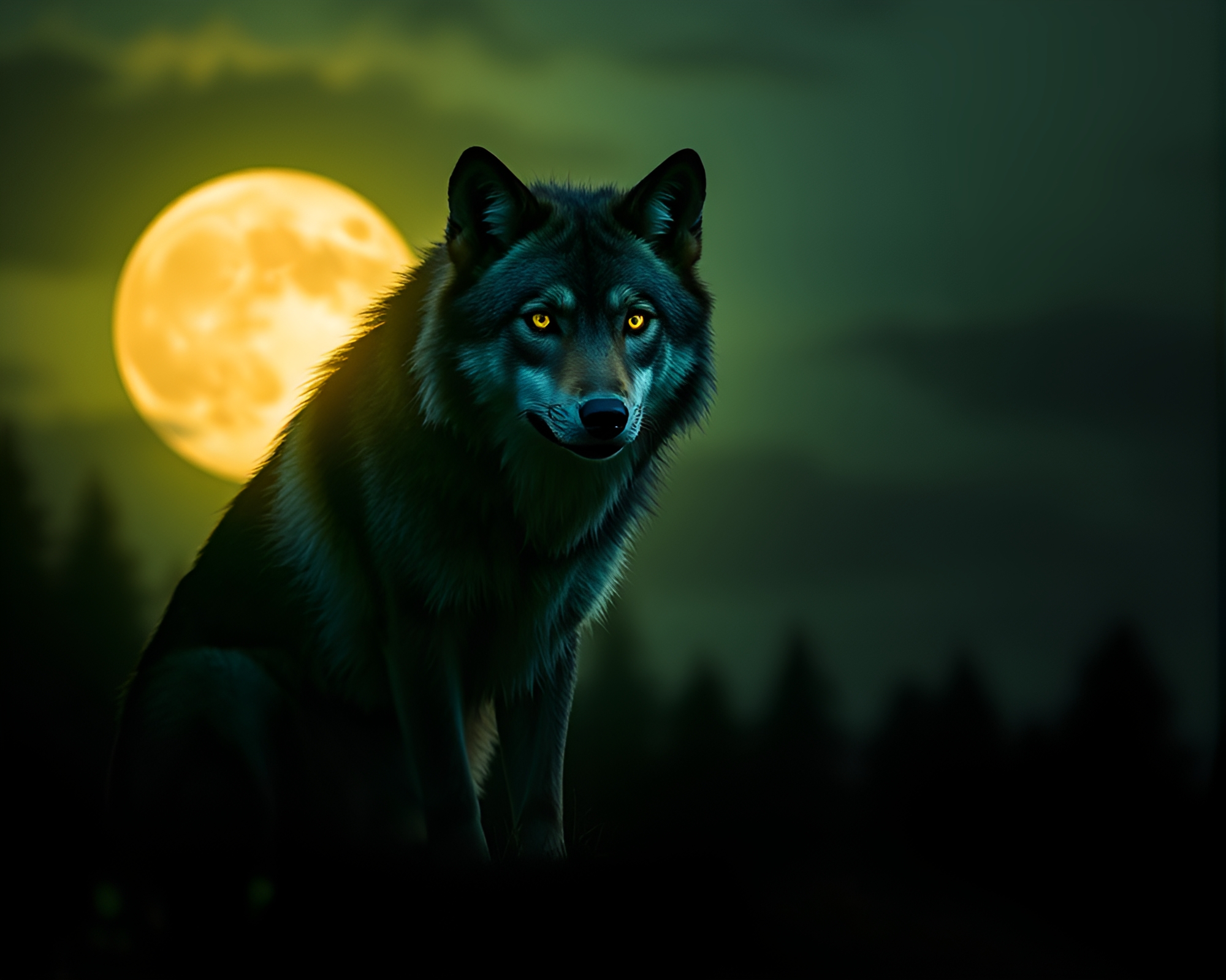 Moonlit Wolf in Forest Green Fiber Optics – free AI stock image