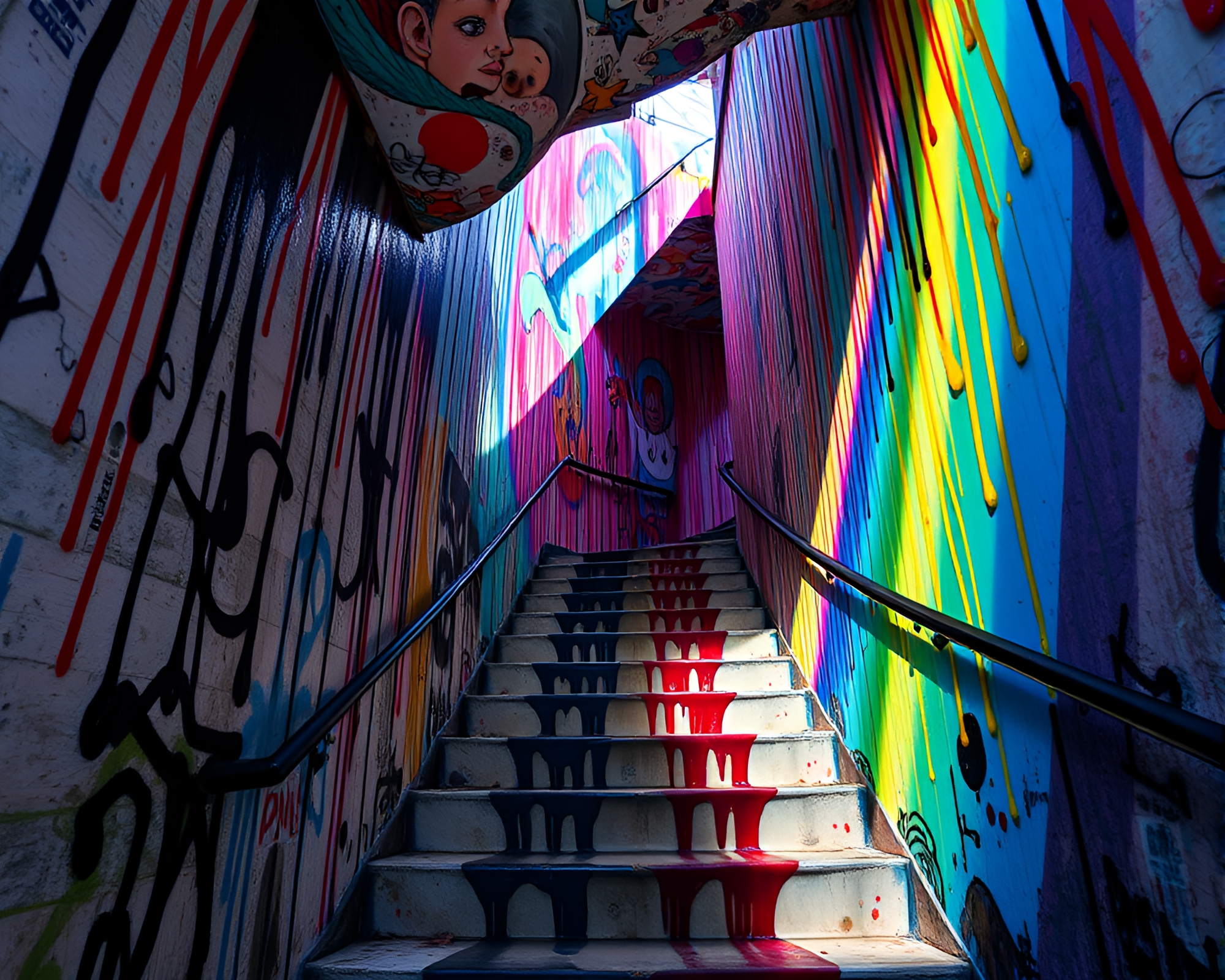 Graffiti Drips in Cosmic Escher Staircase – free AI stock image