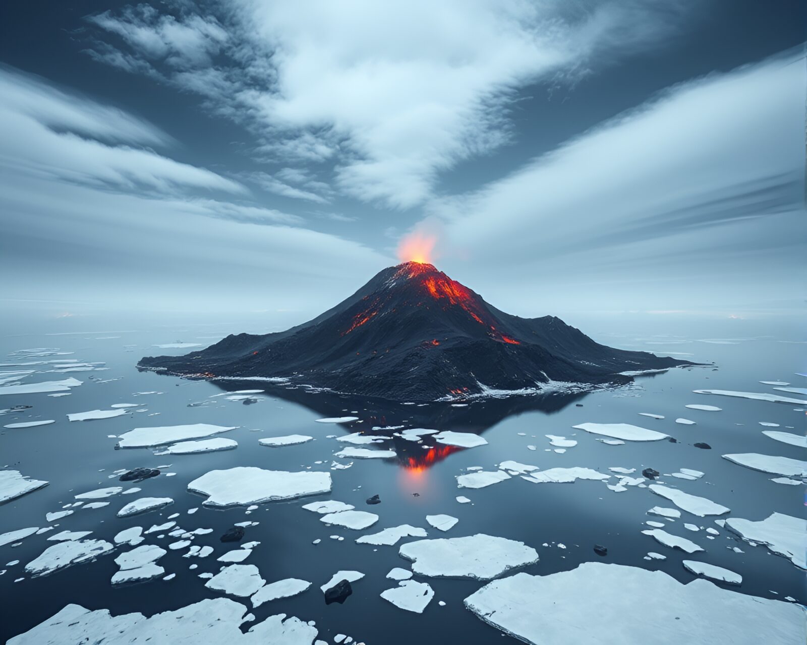 Glowing embers float in snowy volcano landscape at twilight