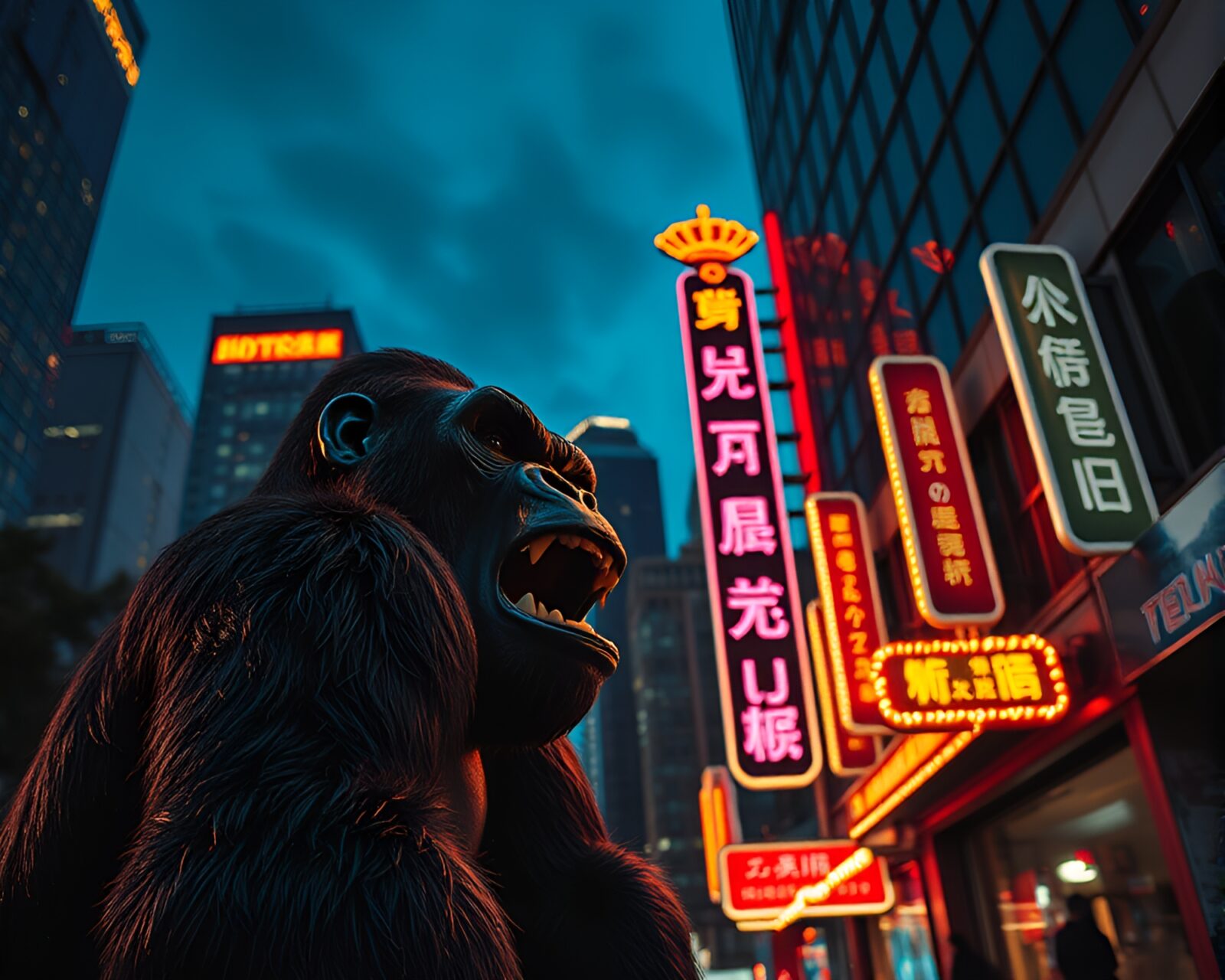 Vibrant neon gorilla under city lights at night