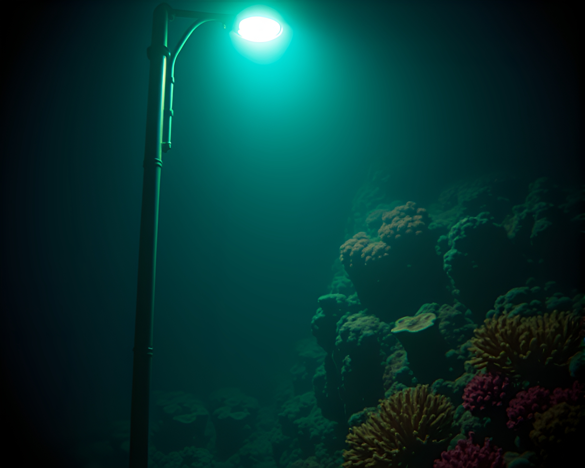 Dystopian Coral Reef Under Streetlamp Glow – free AI stock image