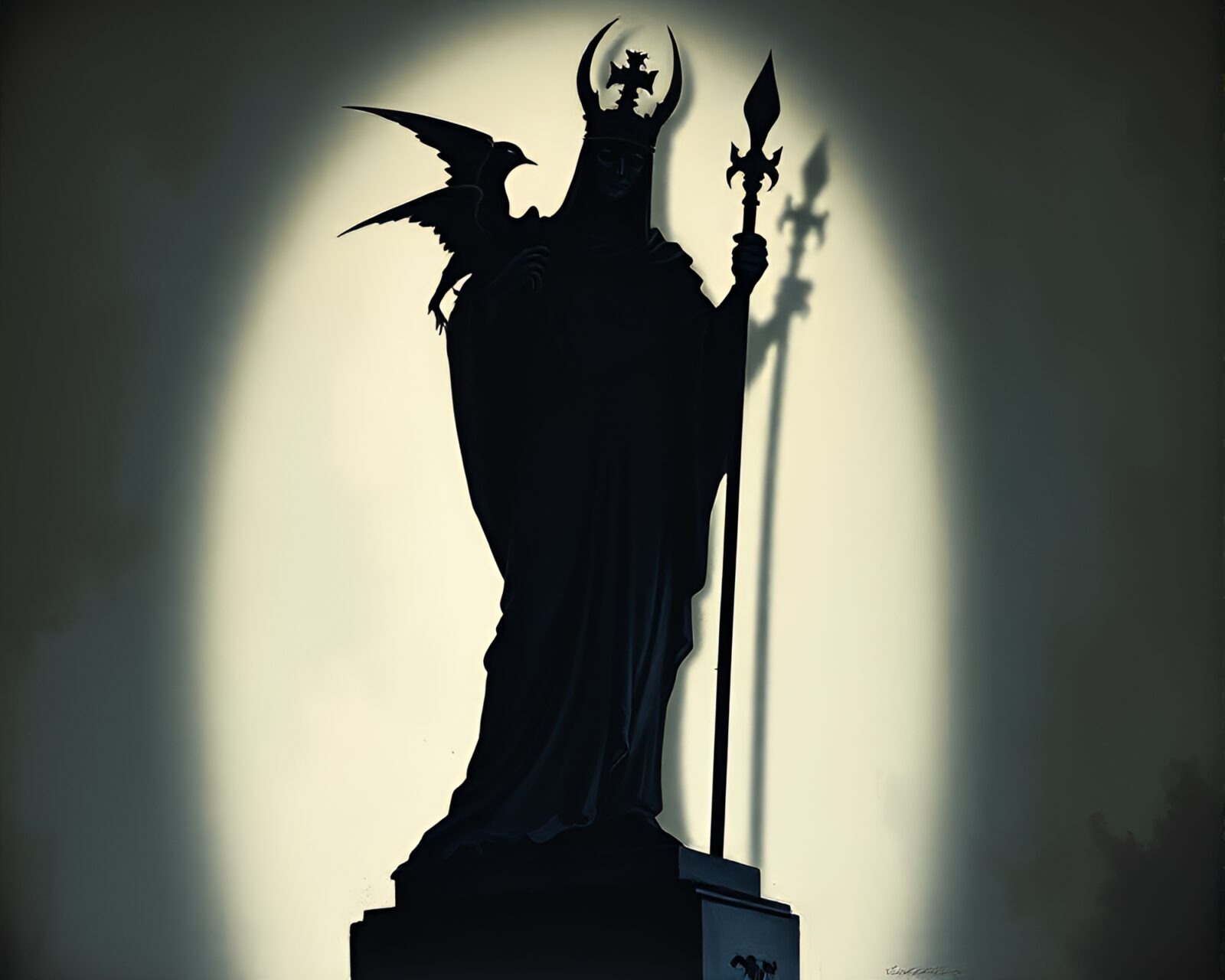 Shadowy silhouette statue with eerie necromantic lighting in gouache style