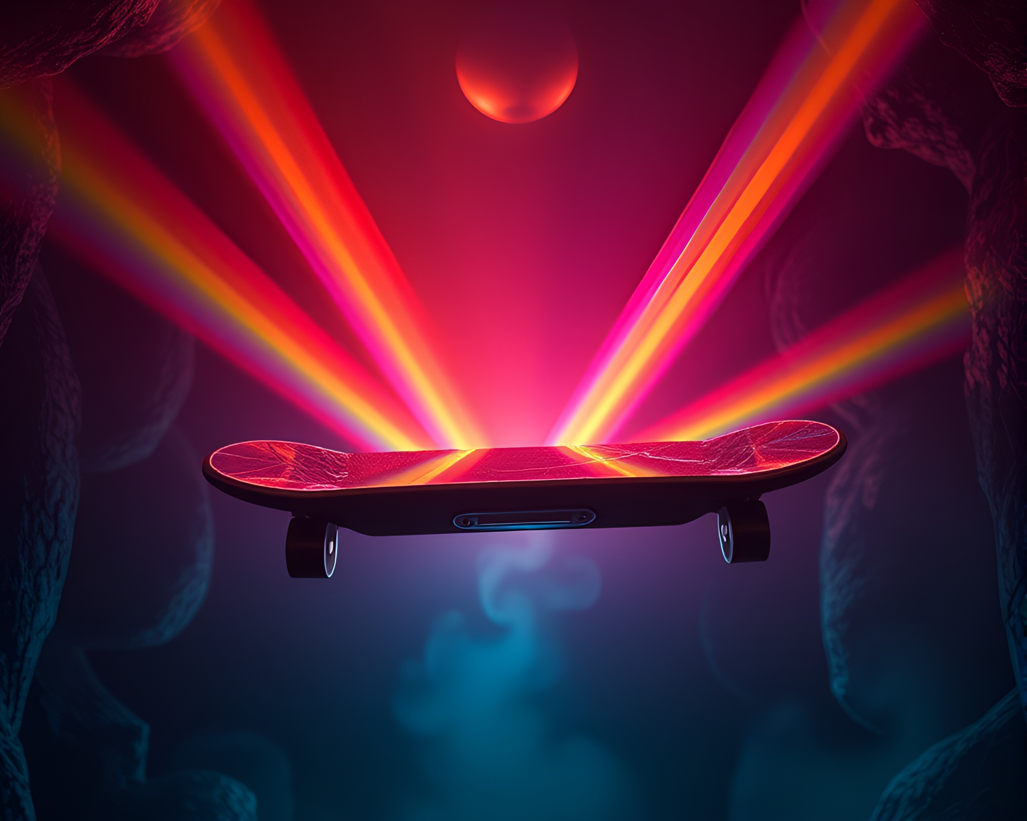 Rainbow Refraction Hoverboard in Dungeon Torchlight – free AI stock image