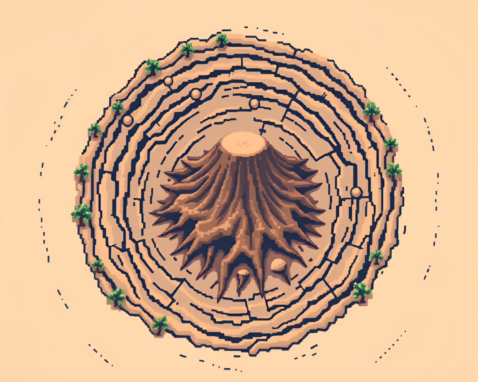 Circular tree growth patterns around a volcanic crater in 8-bit