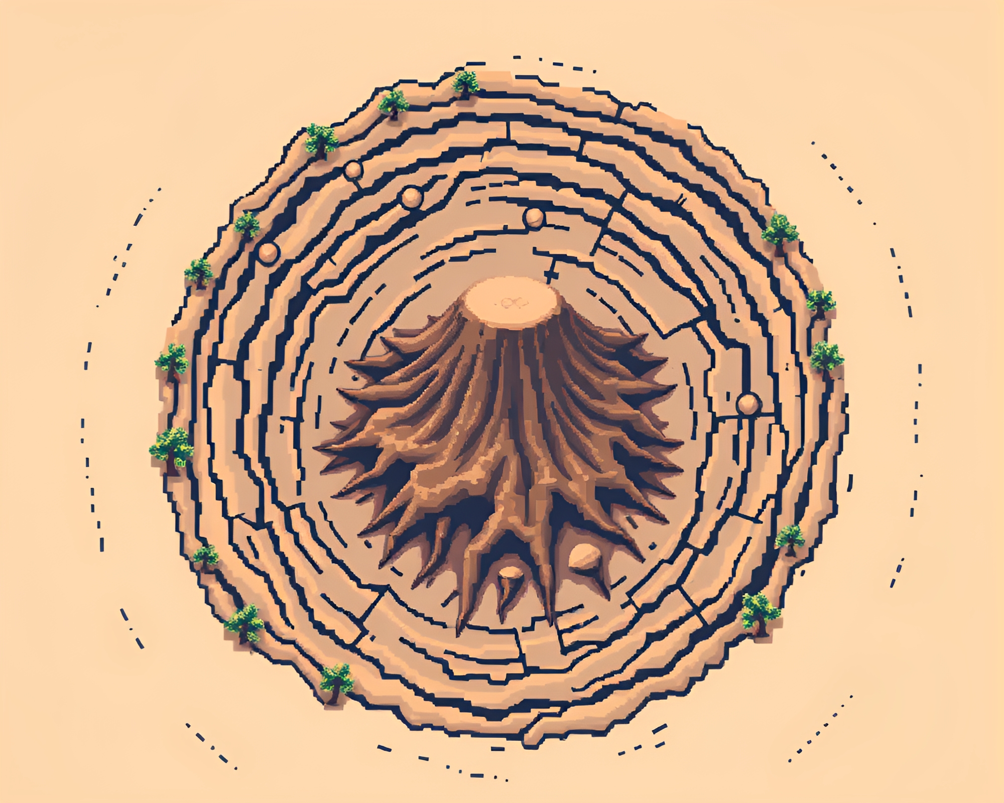 Mystical Tree Ring Volcano Crater in Sepia 8-bit Style – free AI stock image