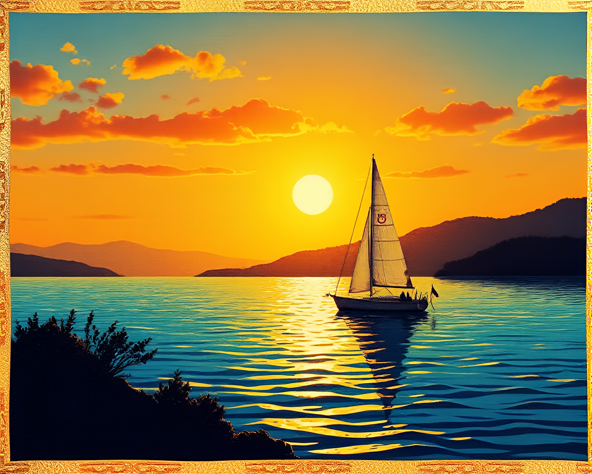 Solar Sailboat Gleaming with Foil Stamping under Warm Light – free AI stock image