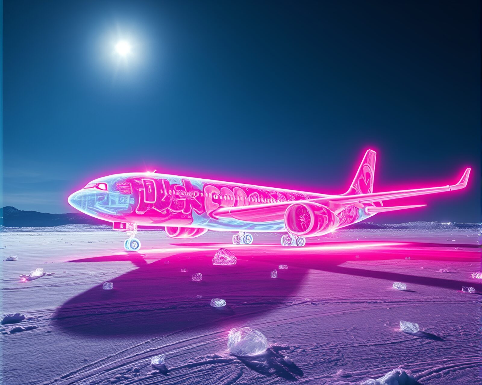 A glowing airplane surrounded by frozen neon graffiti swirls