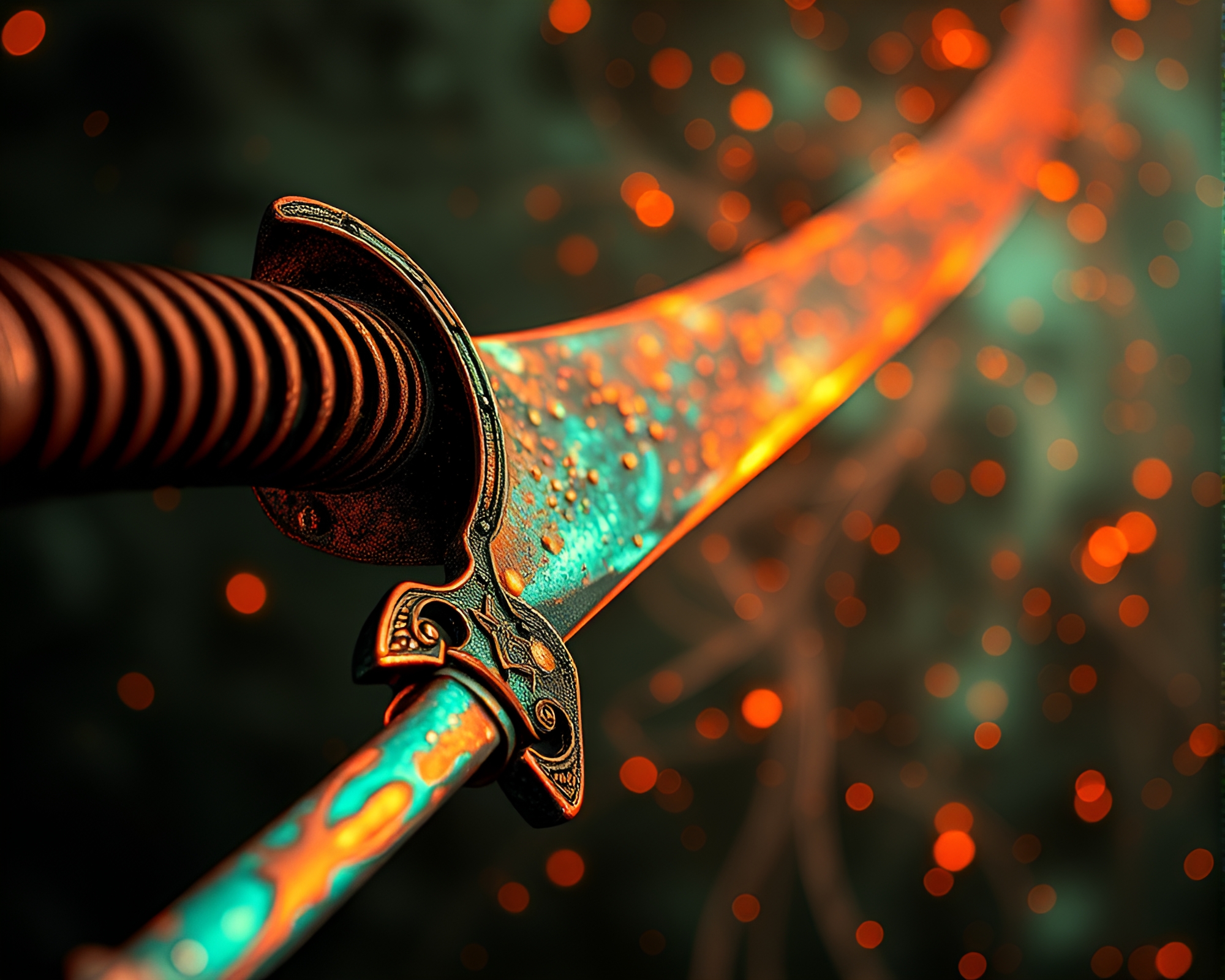 Verdigris Samurai Sword under Carnival Lights – free AI stock image