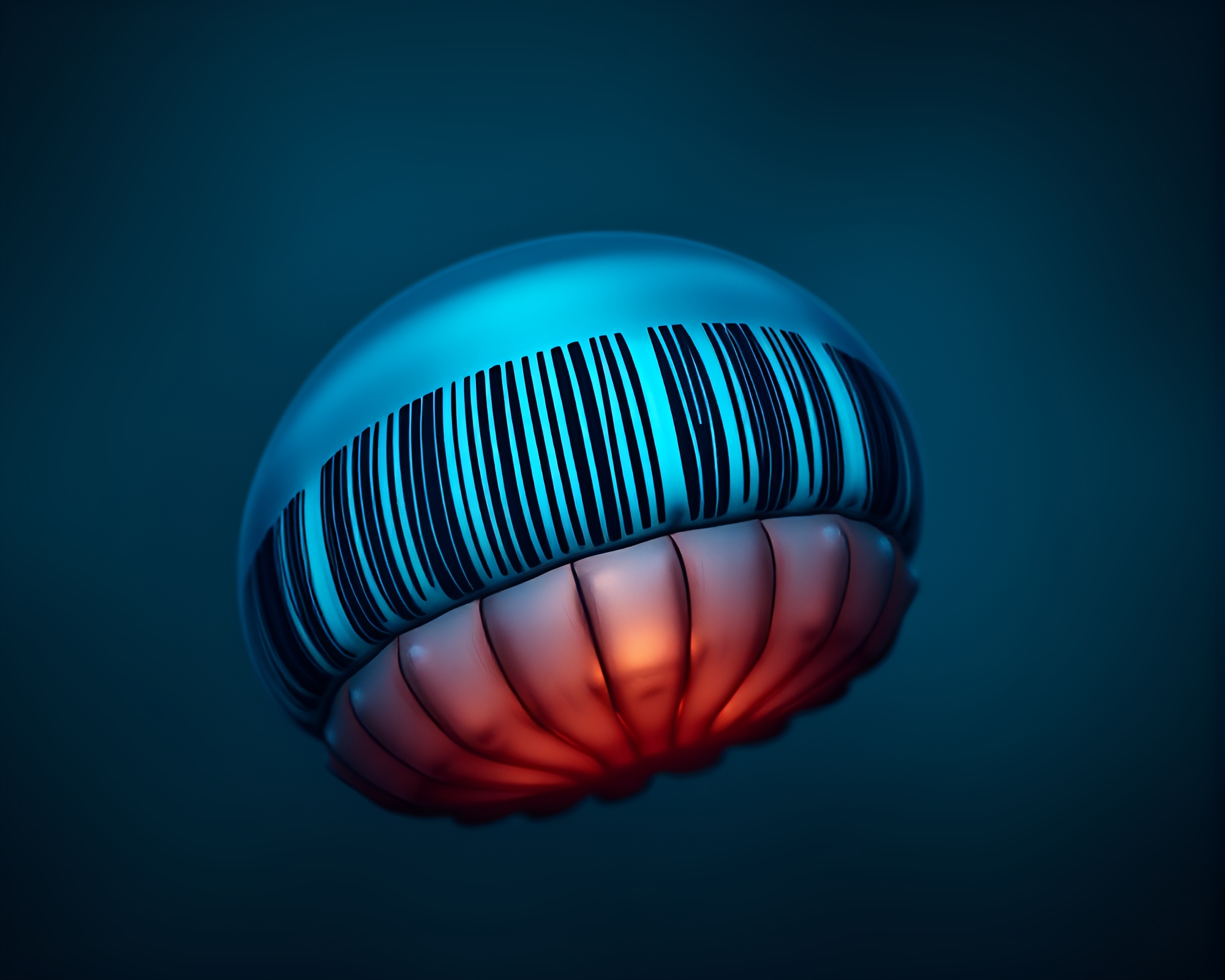 Bioluminescent Jellyfish in Misty Barcode Stripe Forest – free AI stock image