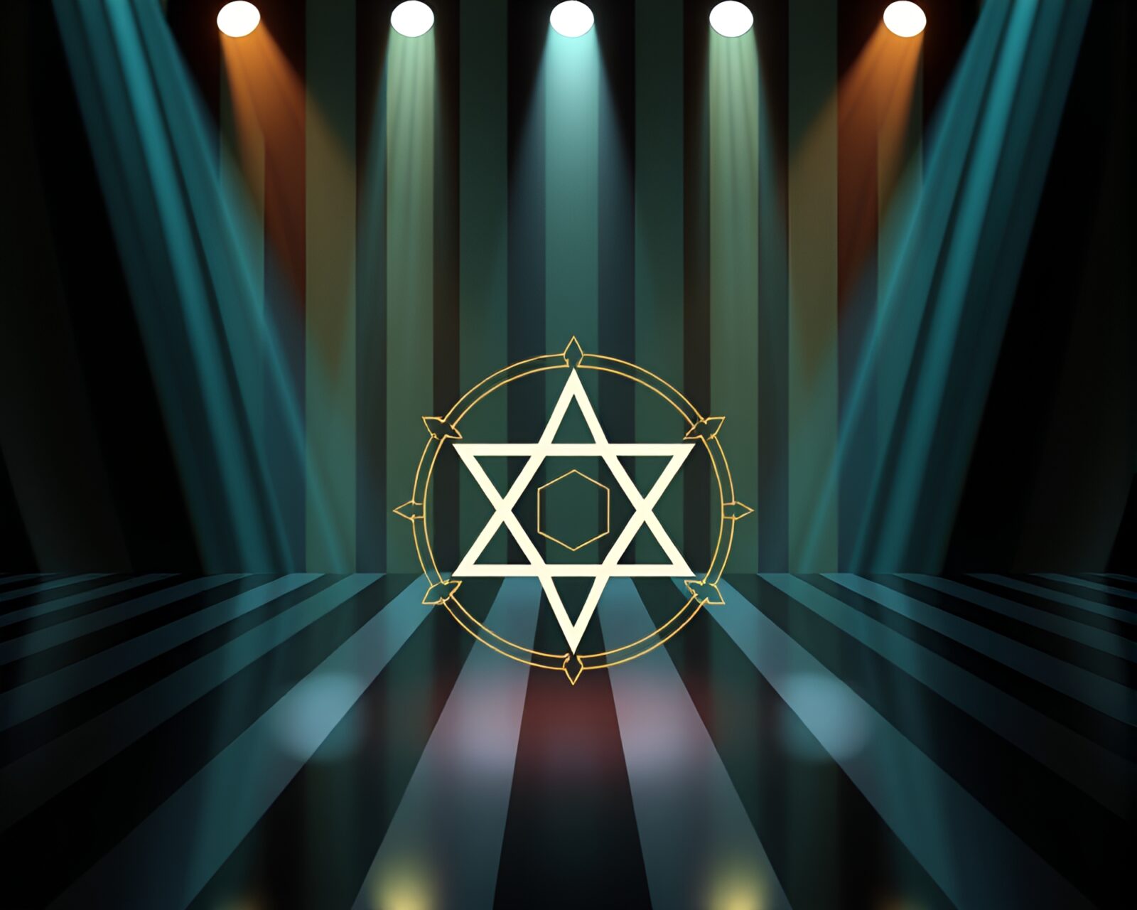 Striped pattern background with glowing holographic alchemical symbols