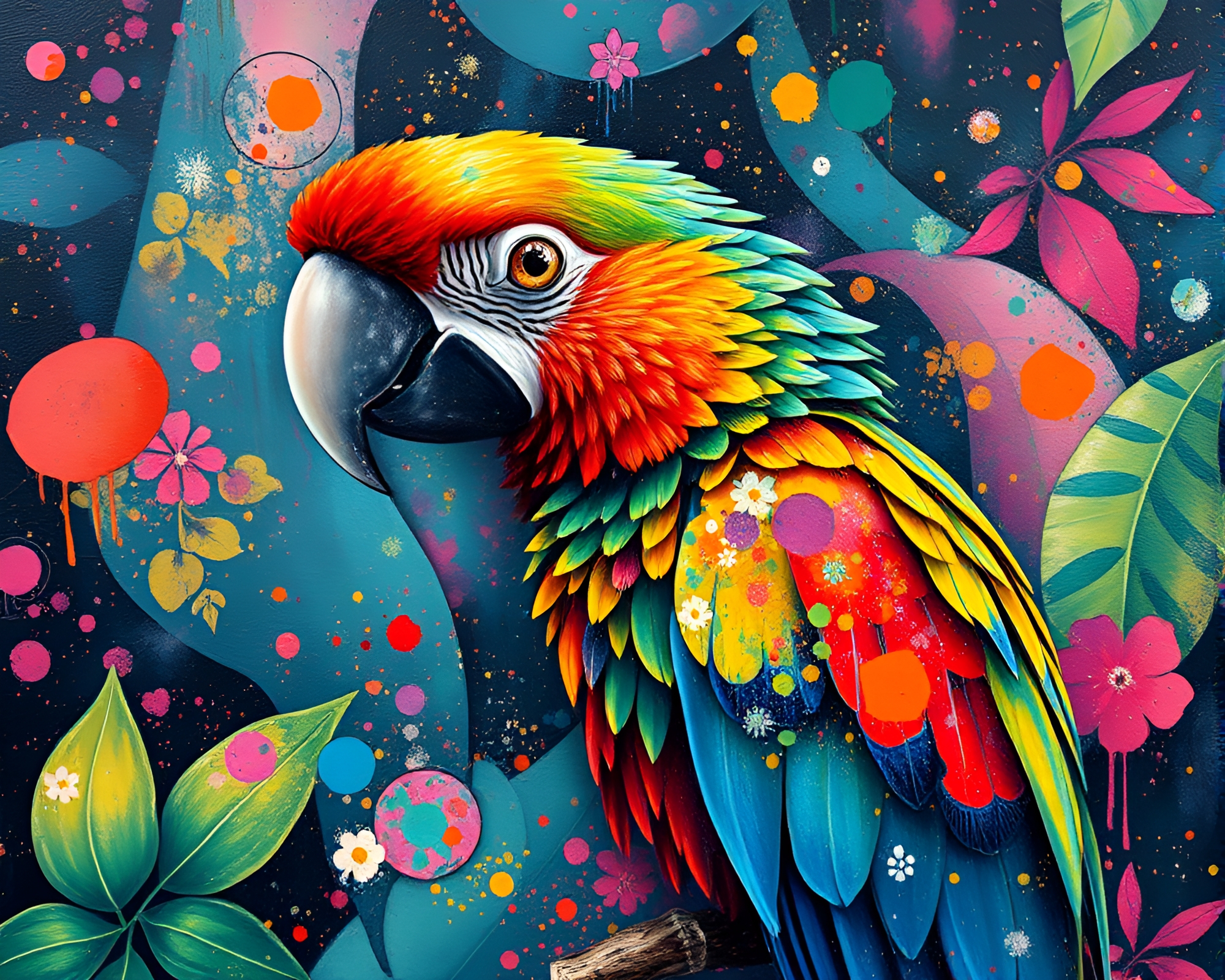 Vibrant Tropical Parrot in Cosmic Dust Acrylic Splatter – free AI stock image