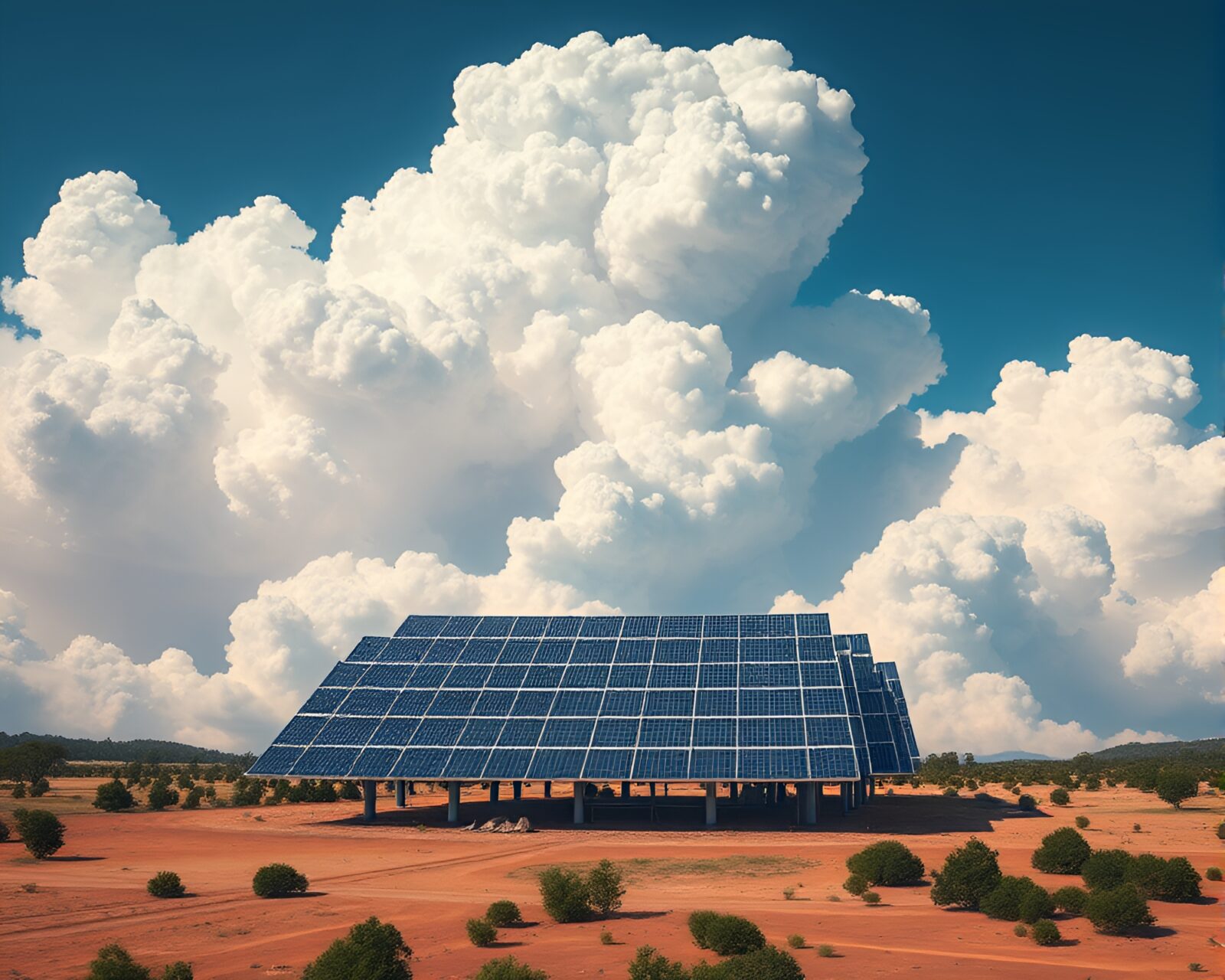 Futuristic utopian landscape with solar panels under a fiery sky