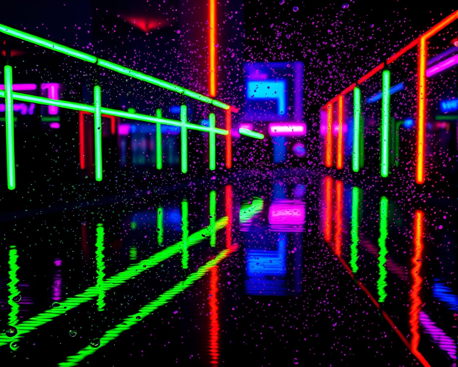 A majestic golem surrounded by neon reflections in ultraviolet light
