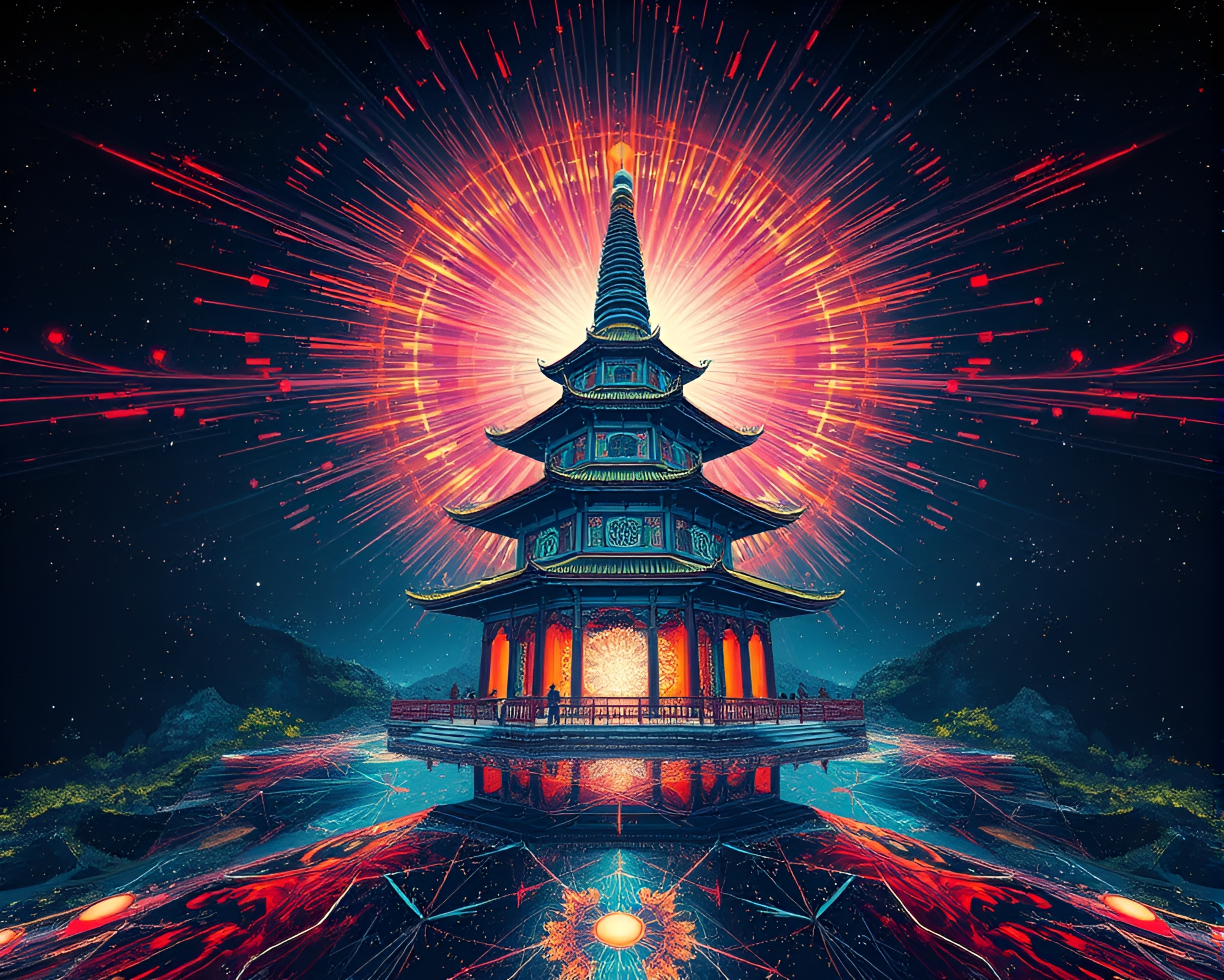 Prism Refracted Pagoda: Neural Art Zoom Burst – free AI stock image