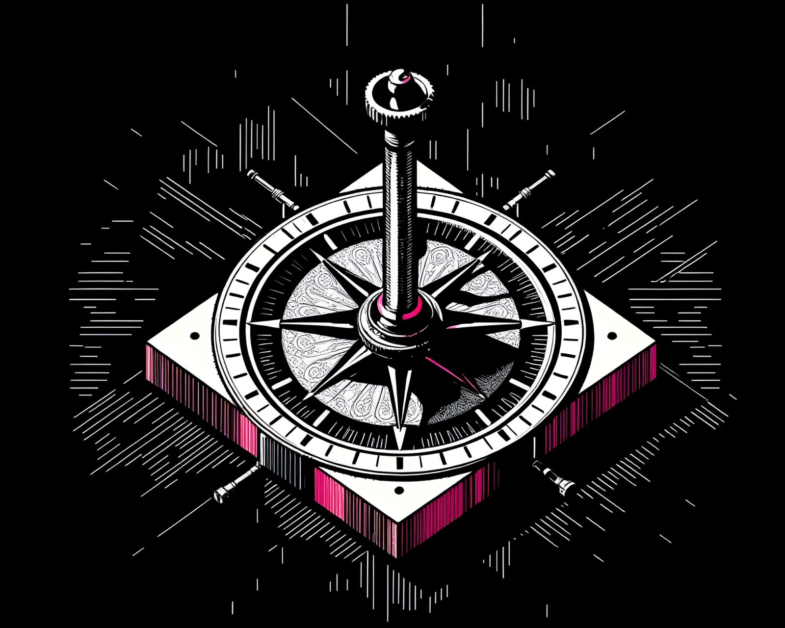 Isometric illustration of antique compass with glitch colors