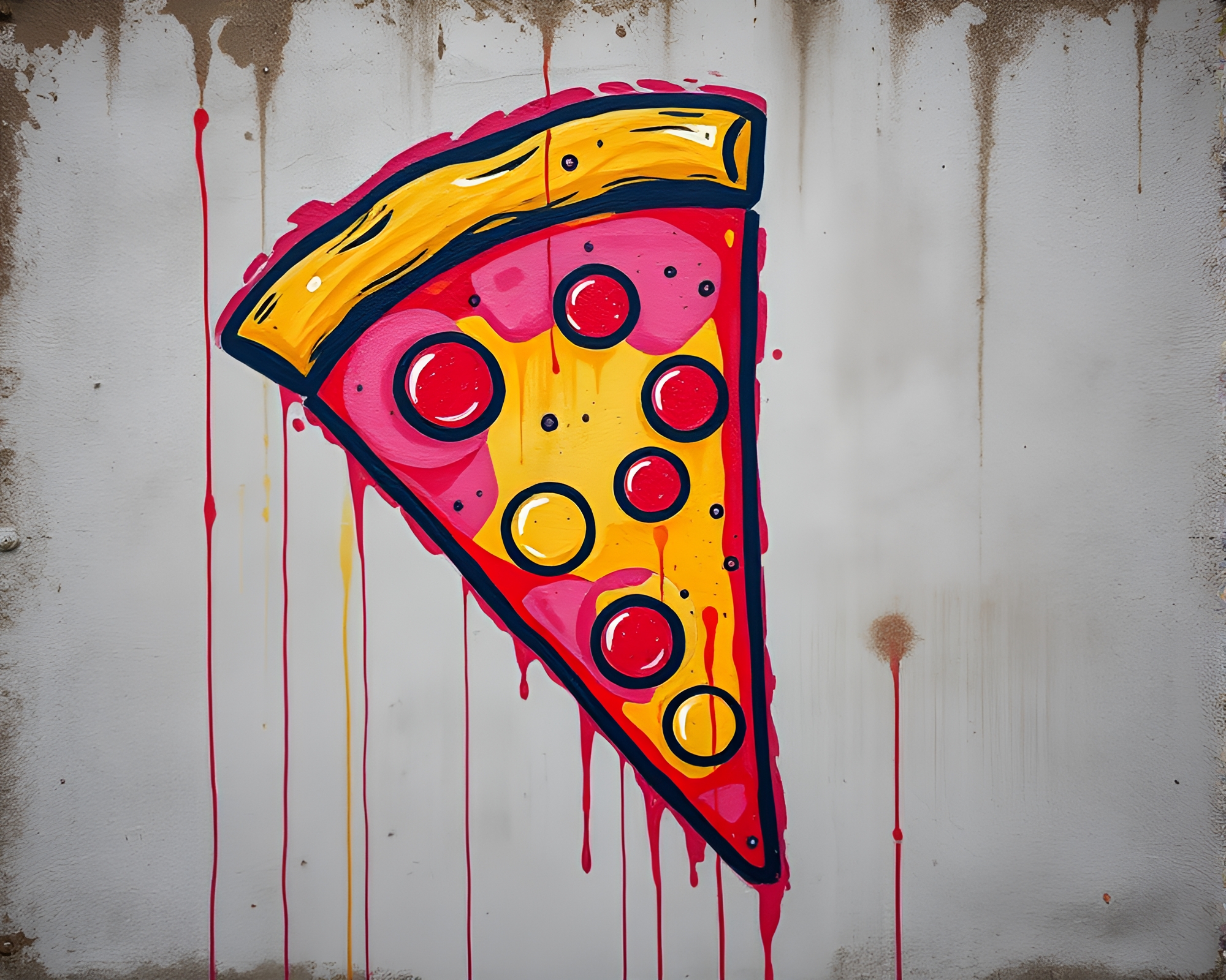 Pizza slice graffiti under rust stain streaks – free AI stock image