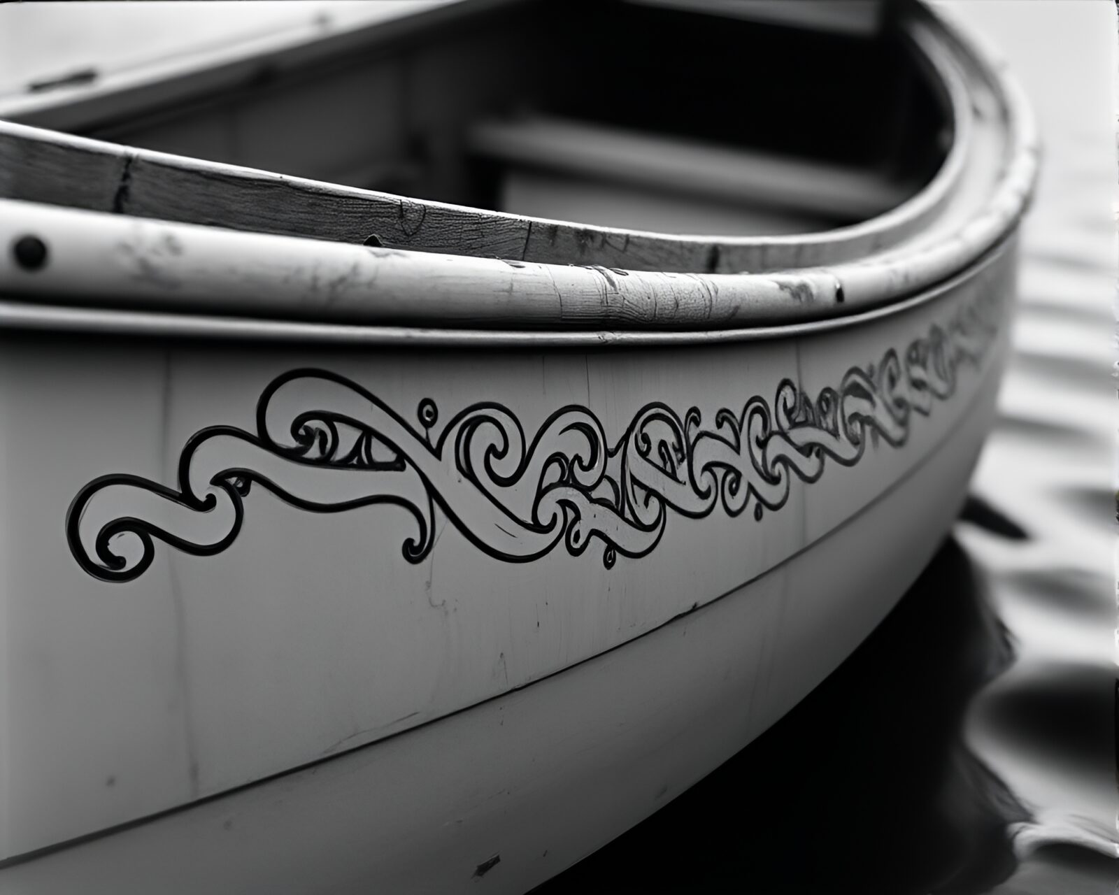 Vintage guide hydrofoil boat with intricate engravings in gray tones