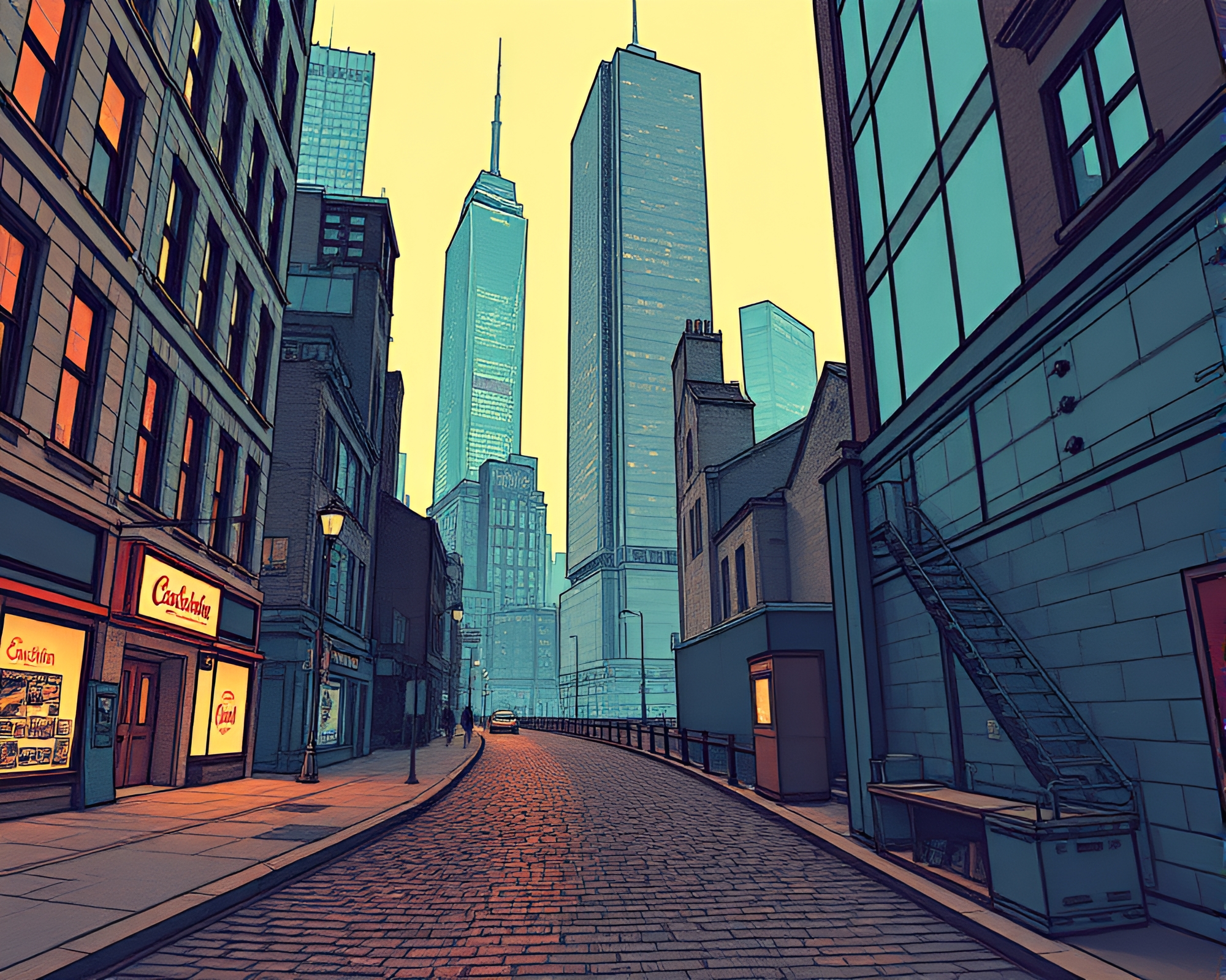 Steampunk Skyline: Cobblestone Path Journey – free AI stock image