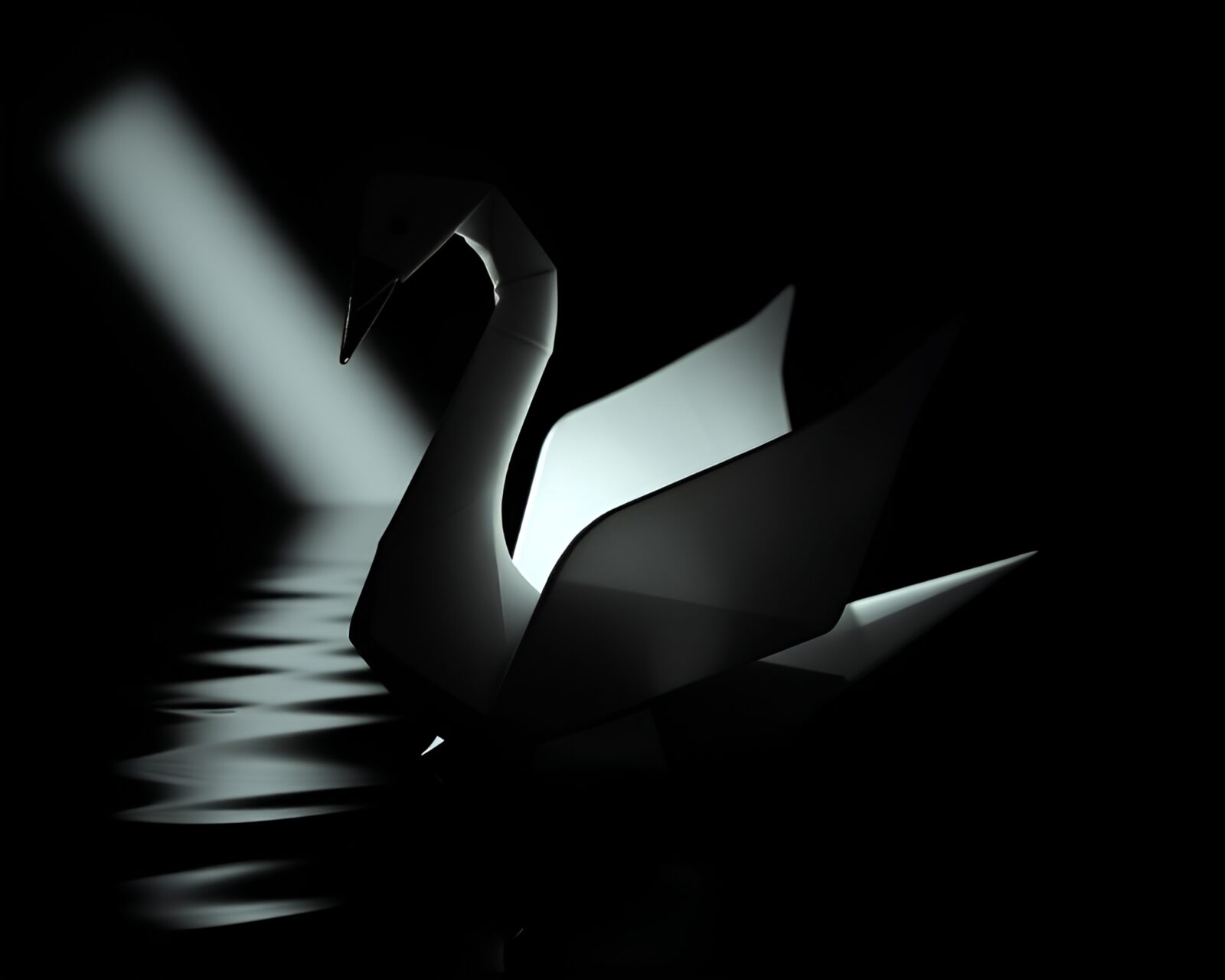 Dramatic chiaroscuro lighting illuminating origami swan refracted through prism
