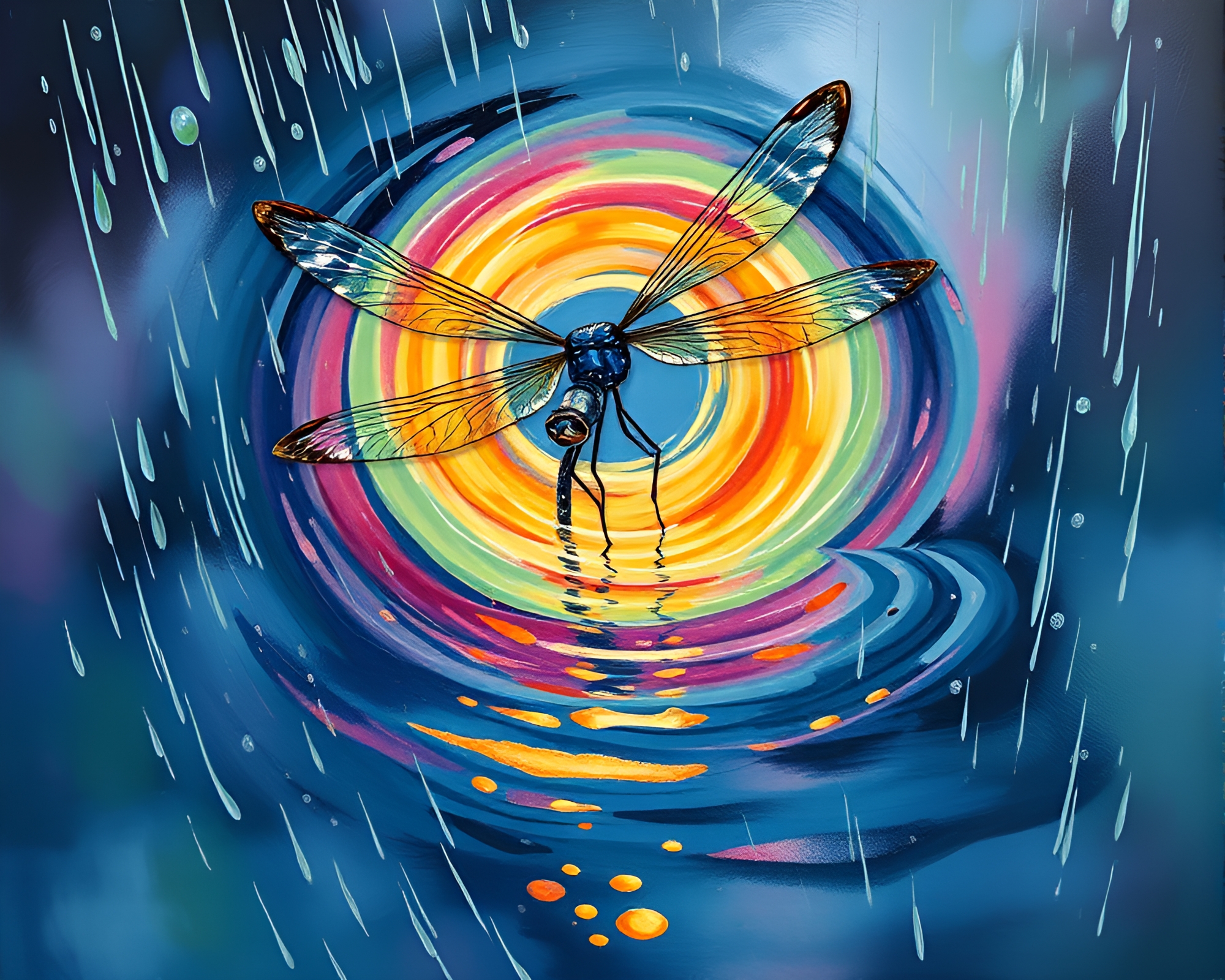 Dragonfly Dance in Rainy Vortex Twist Gouache Painting – free AI stock image