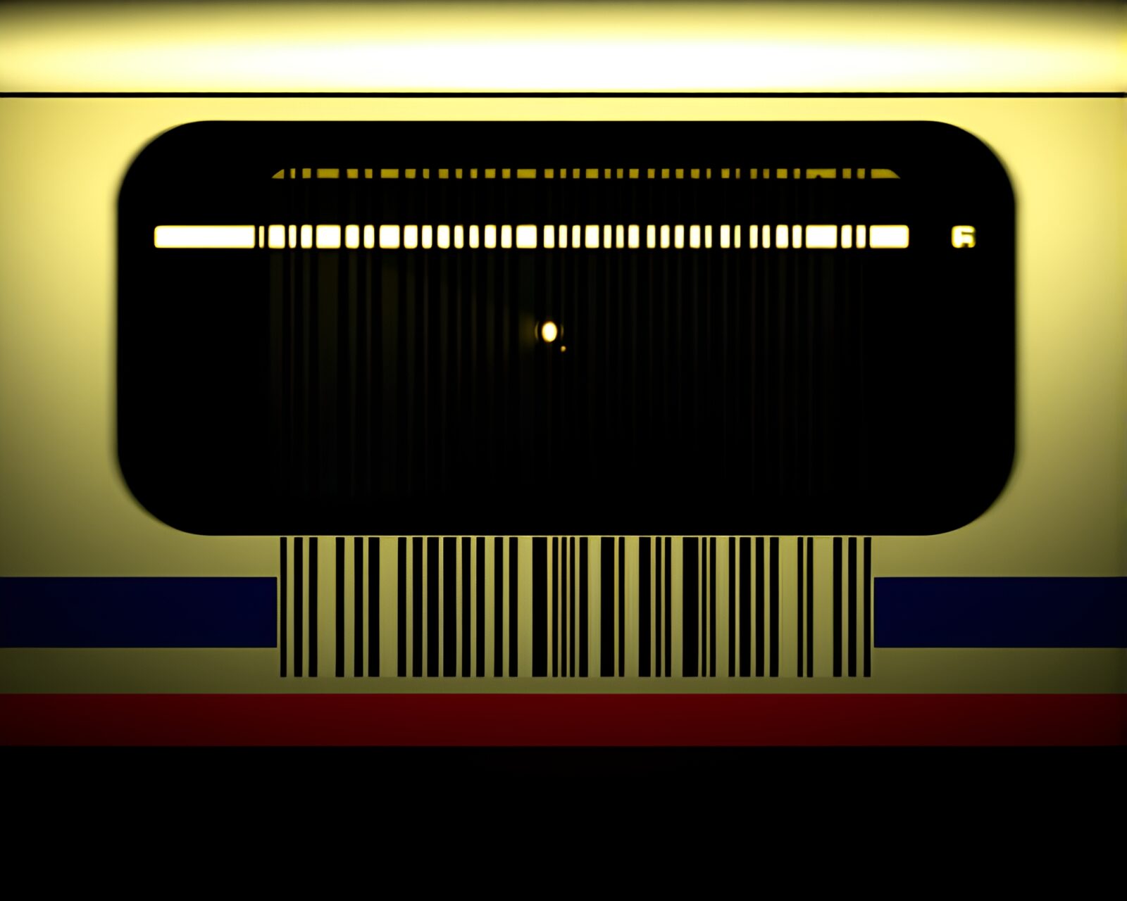 A backlit train silhouette in earth tones with barcode stripes