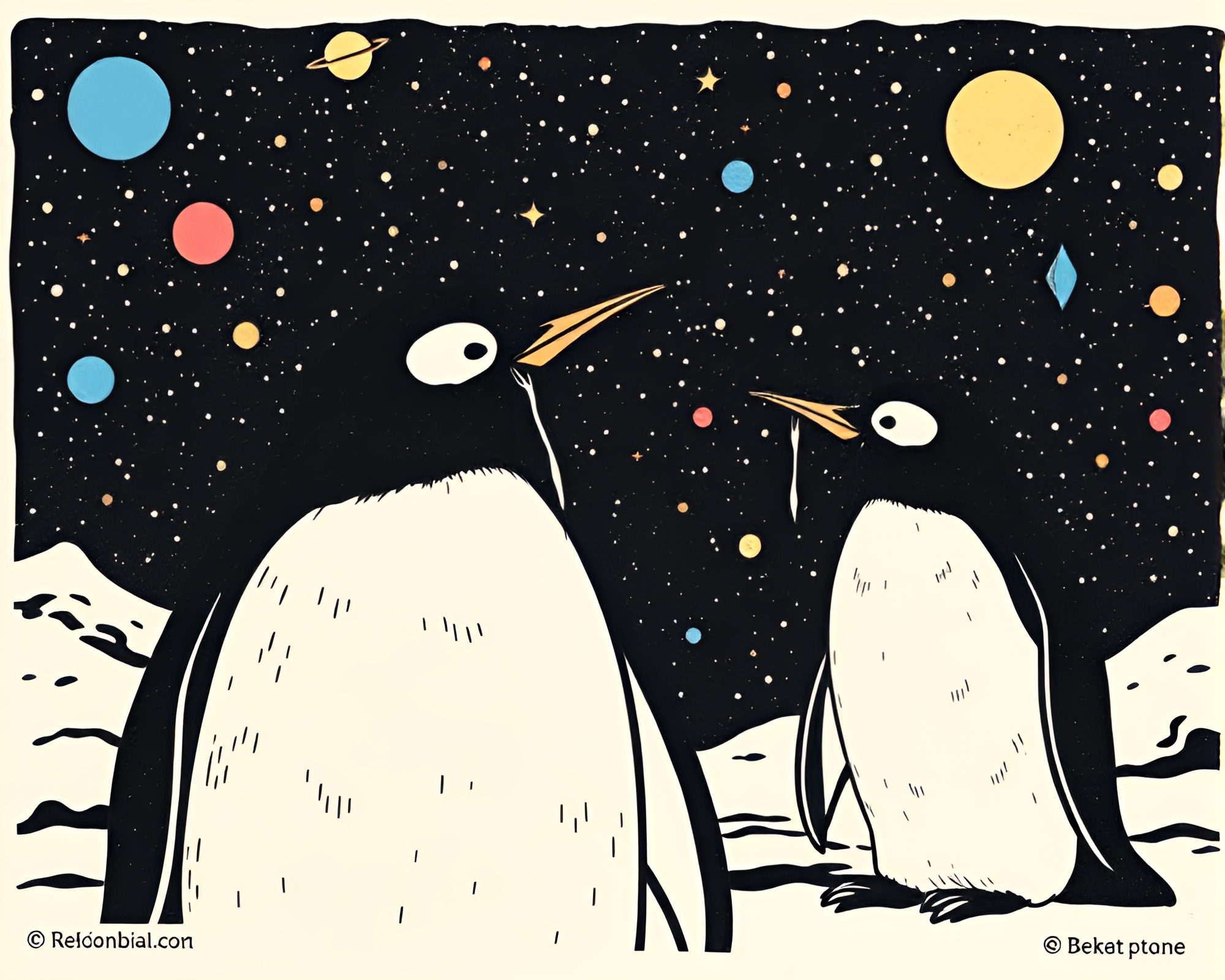 Penguin in Cosmic Paper Tear Linocut Print – free AI stock image