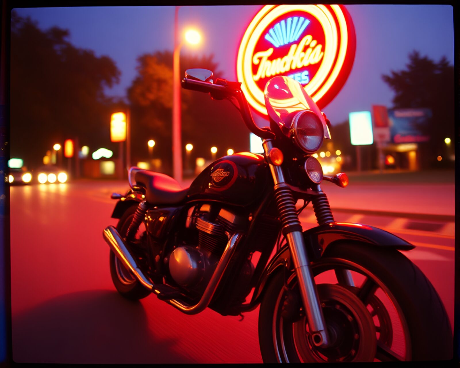 Wide-angle shot of a neon motorcycle with VHS distortion