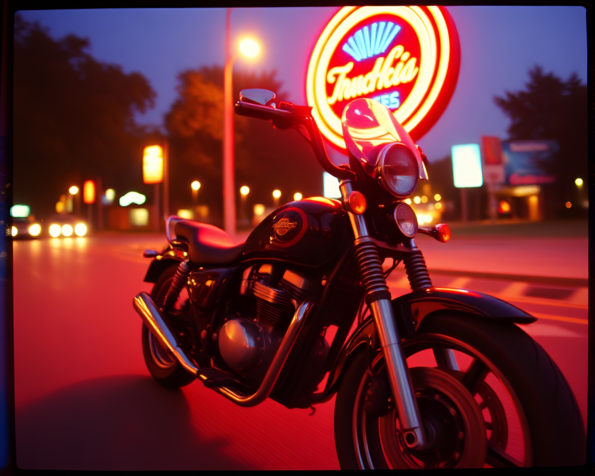 Neon Motorcycle with Film Sprocket Holes – free AI stock image