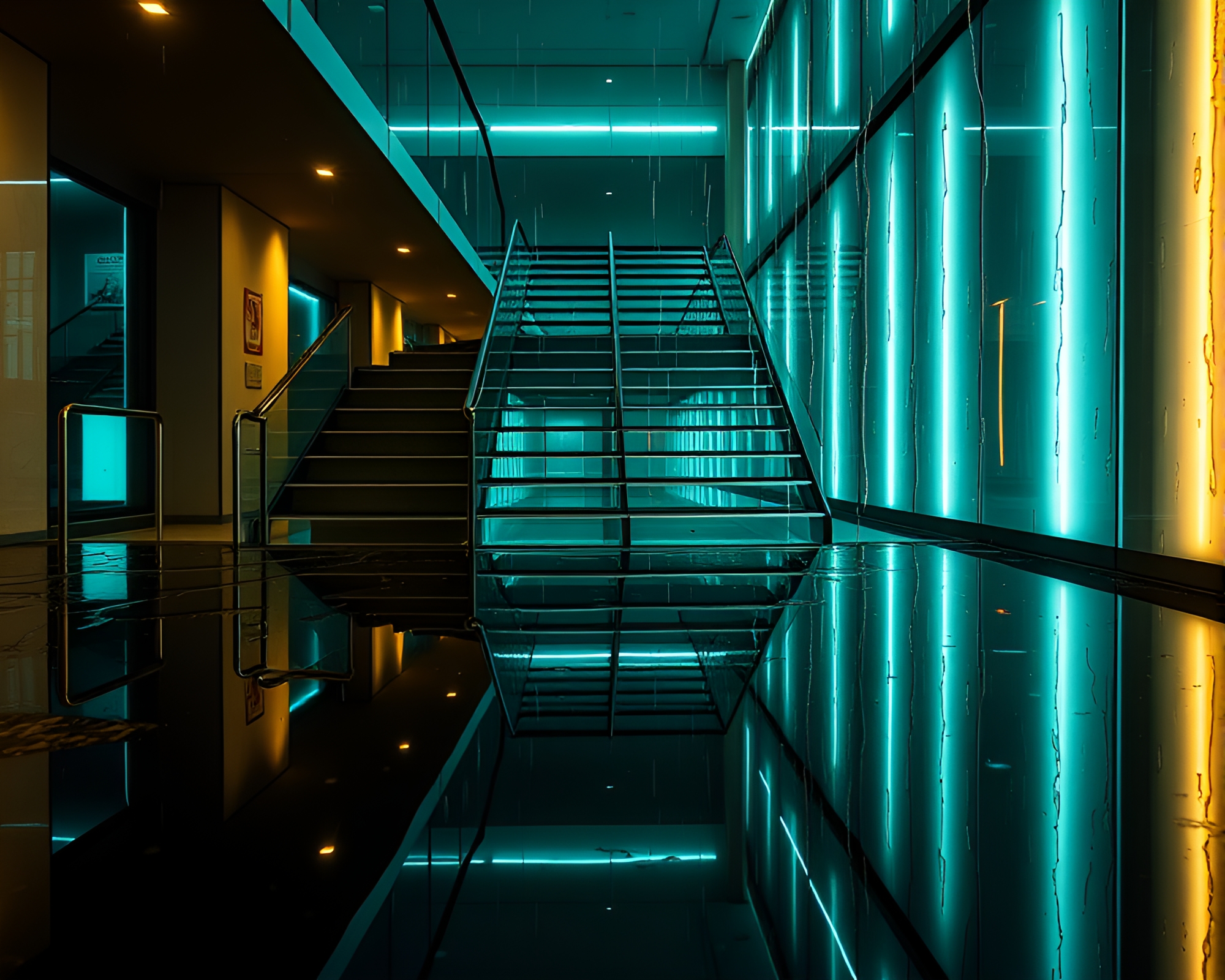 Escher Staircase Double Reflection in Rainy Fluorescent Light – free AI stock image