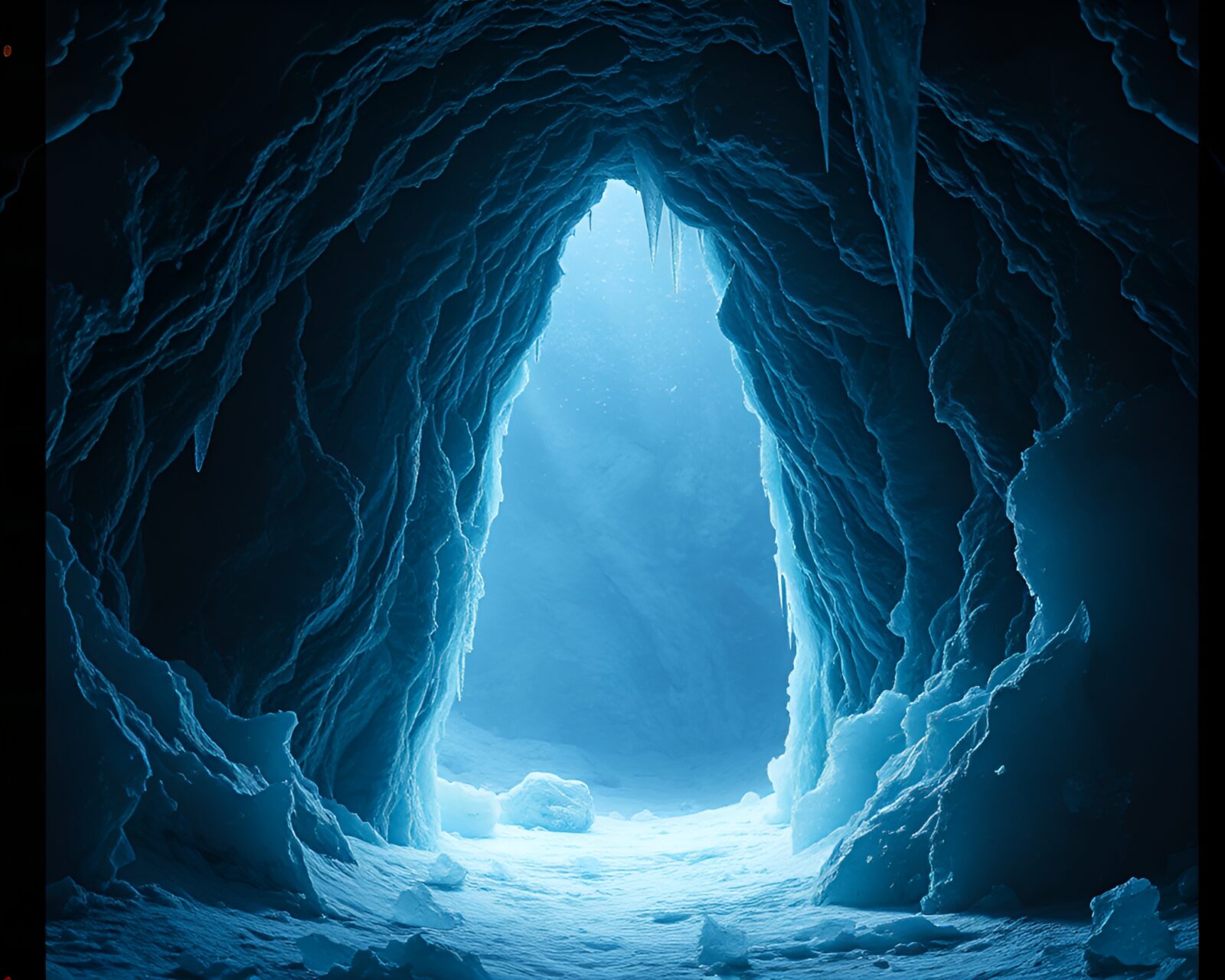Mystical ice crystals forming a dimensional rift in cave darkness.
