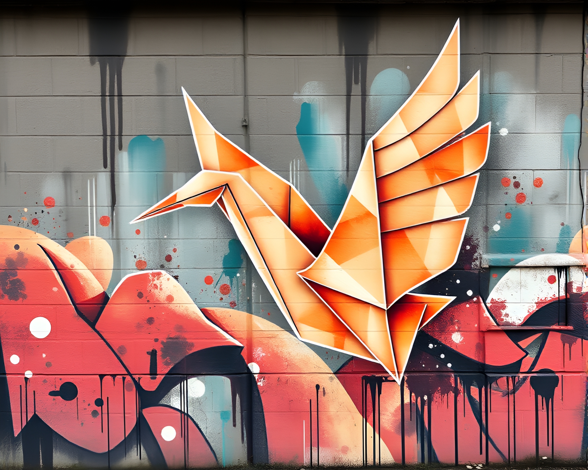 Origami Crane Mural with Sumi-e Brushwork in Peachy Glow – free AI stock image