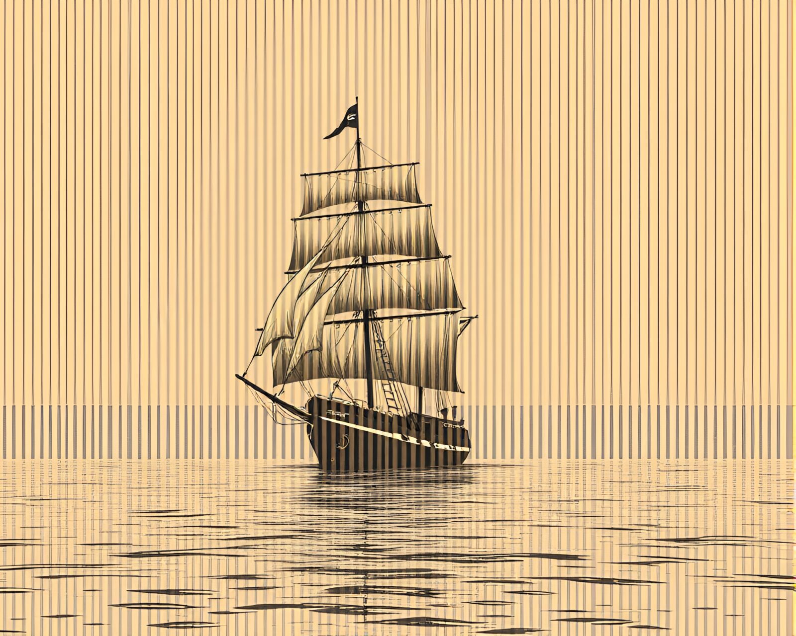 Classic sailing ship outlined in barcode stripes in sepia