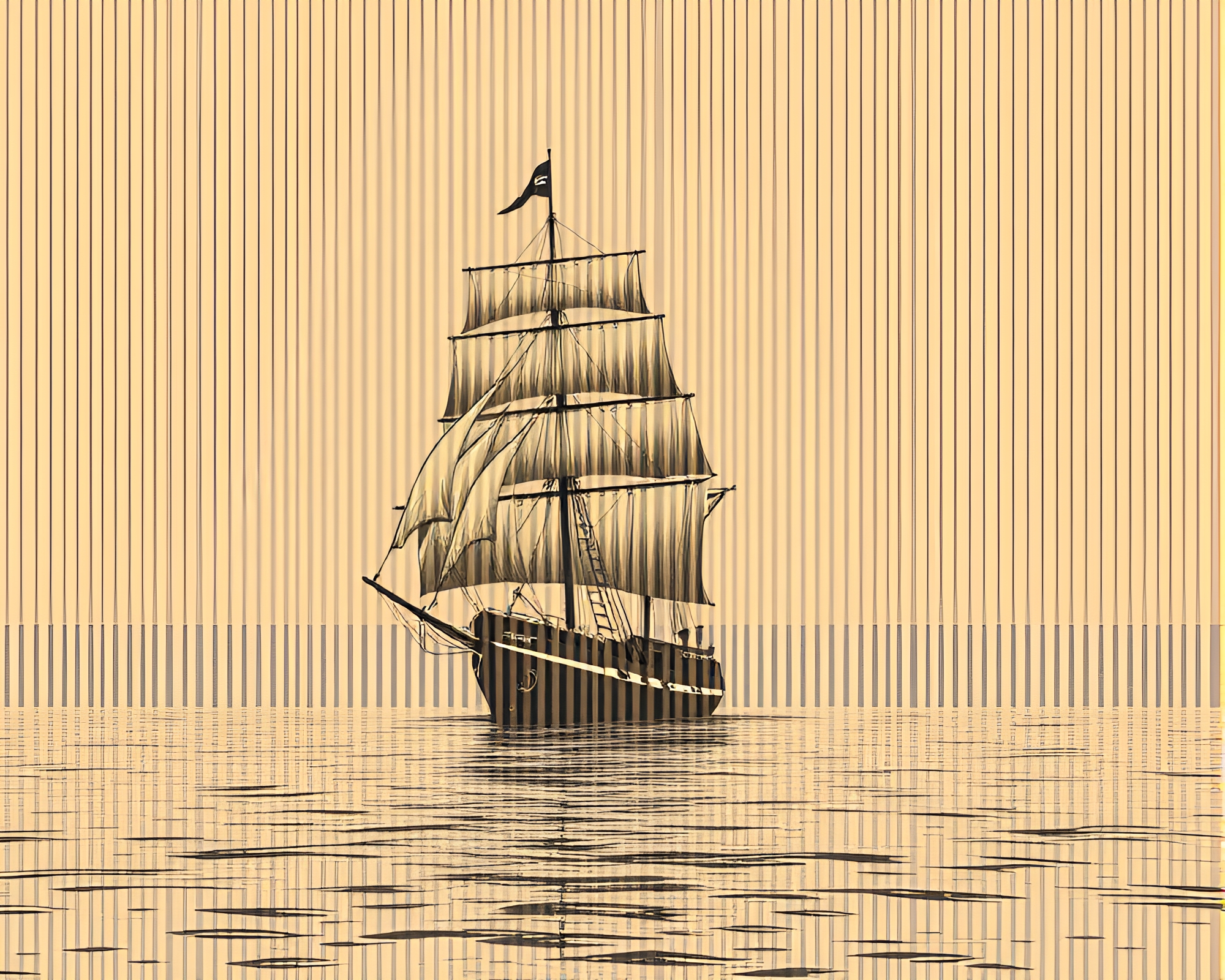 Barcode Striped Sailing Ship in Sepia Contours – free AI stock image