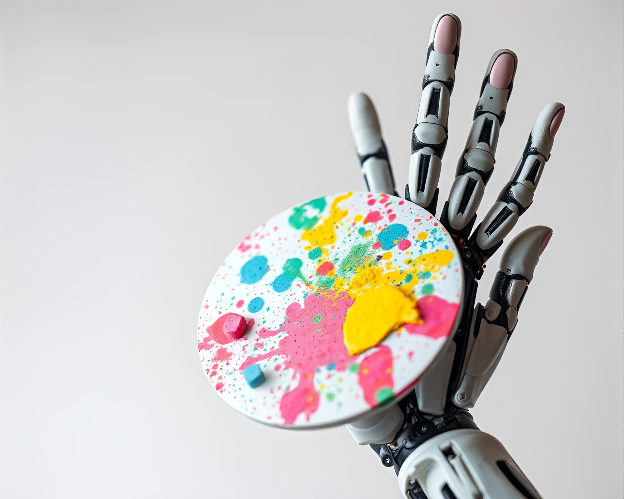 Futuristic Cybernetic Hand in Soft Splatter Palette – free AI stock image