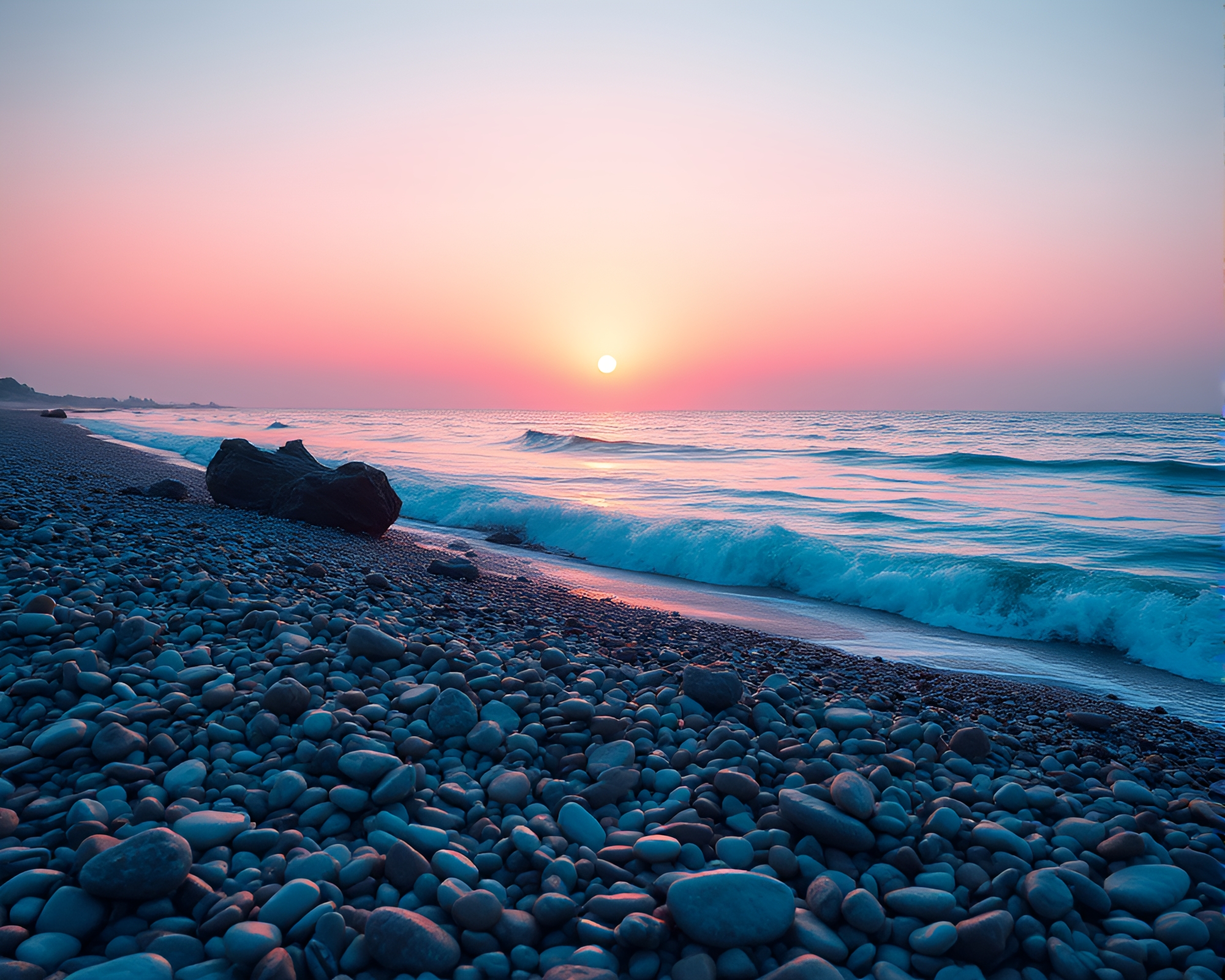 Zoom Burst Sunrise on Pink Pebble Beach – free AI stock image