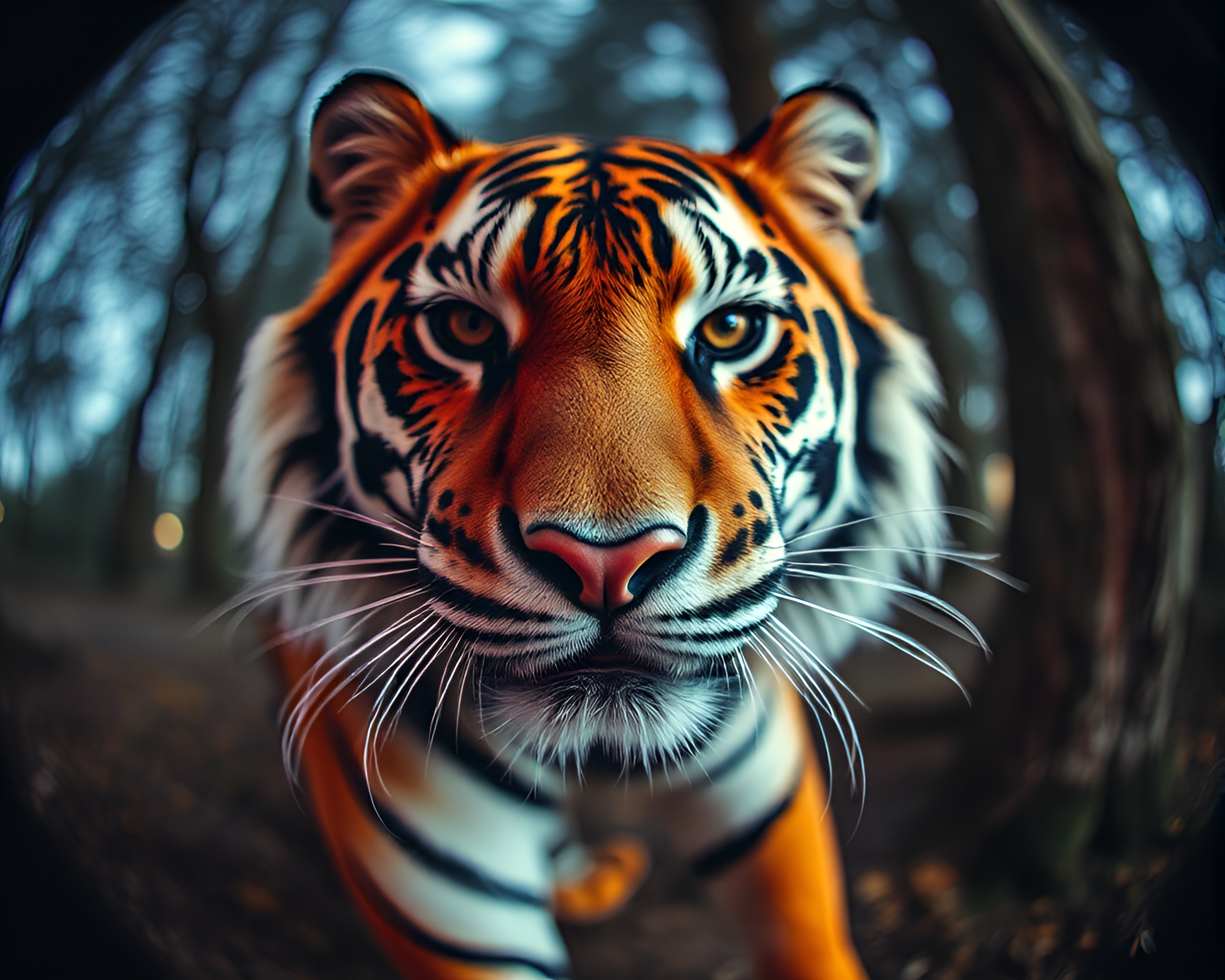 Surreal Tiger in Noir Fisheye Scene – free AI stock image