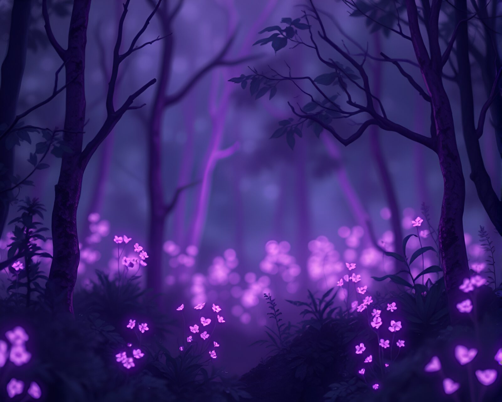 Softly focused botanical illustration of glowing forest under amethyst light