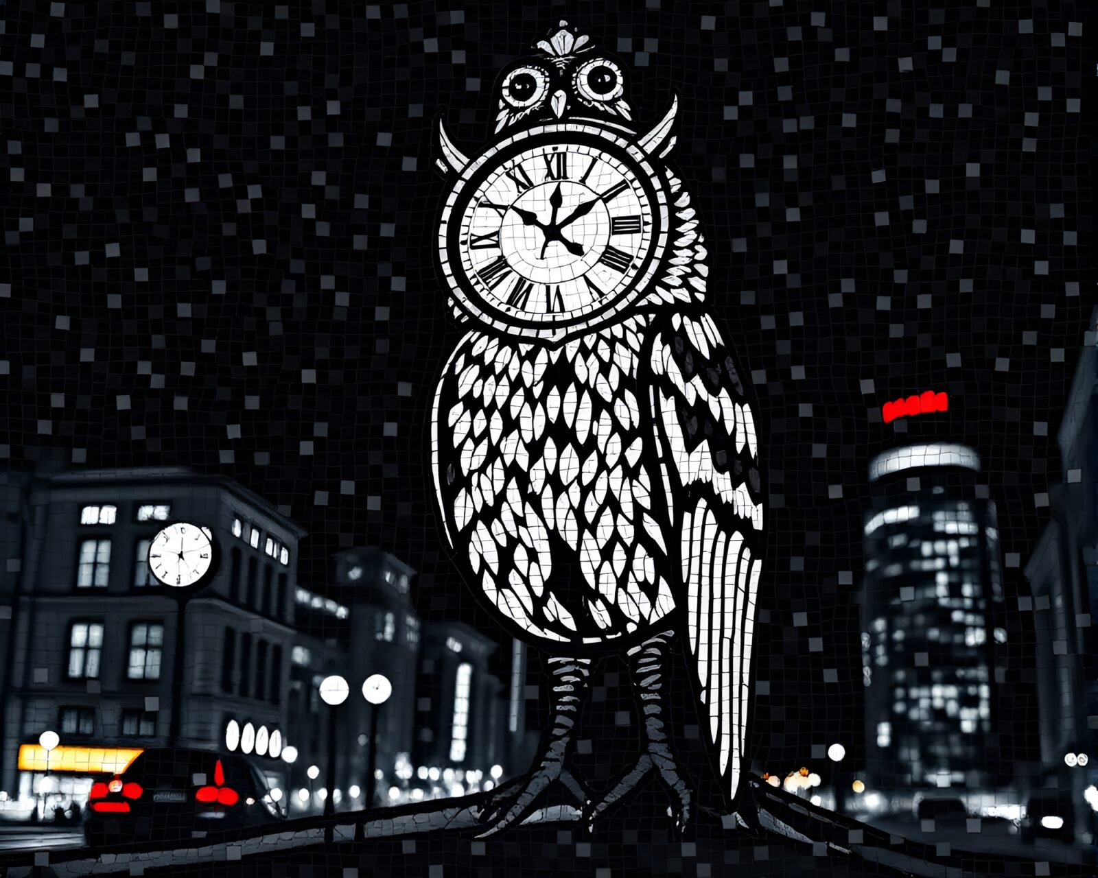 Noir owl mosaic with city lights at night