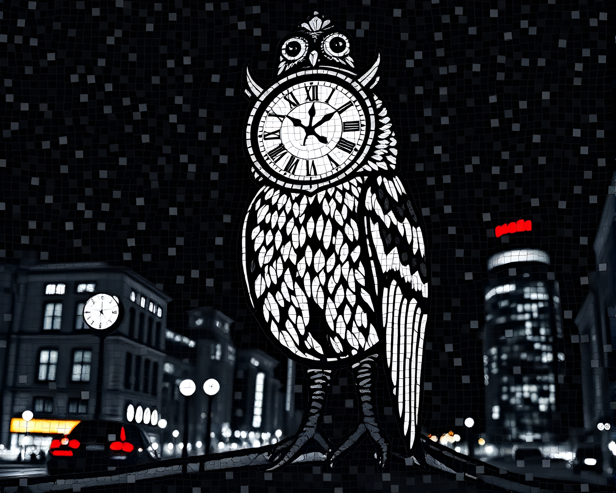 Clockwork Owl in High-Contrast City Mosaic – free AI stock image