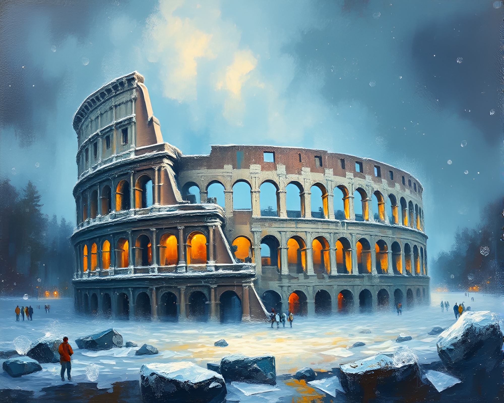 Ice Crystal Coliseum Spotlight Painting – free AI stock image