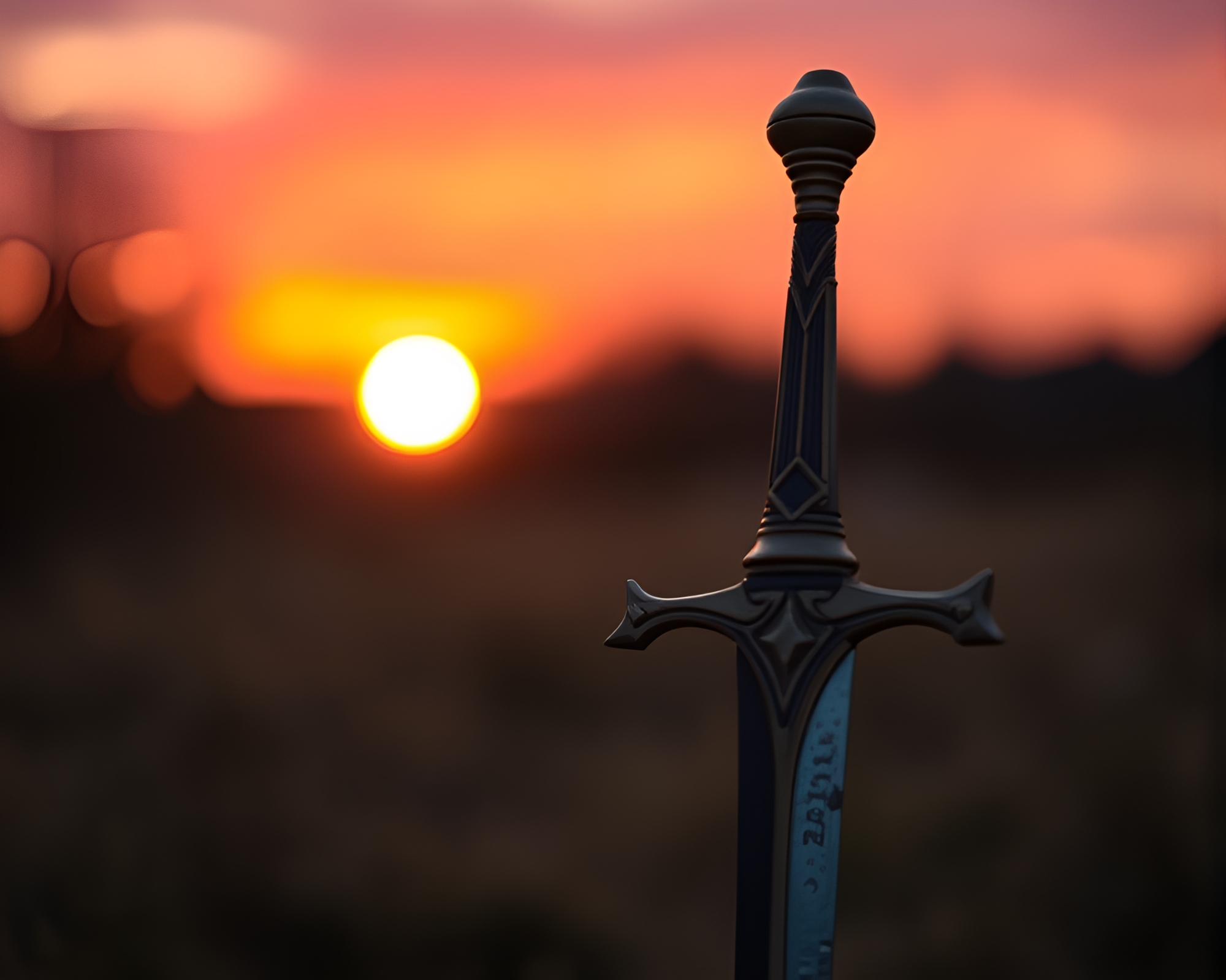 Enchanted Sword in Golden Sunset Bokeh – free AI stock image