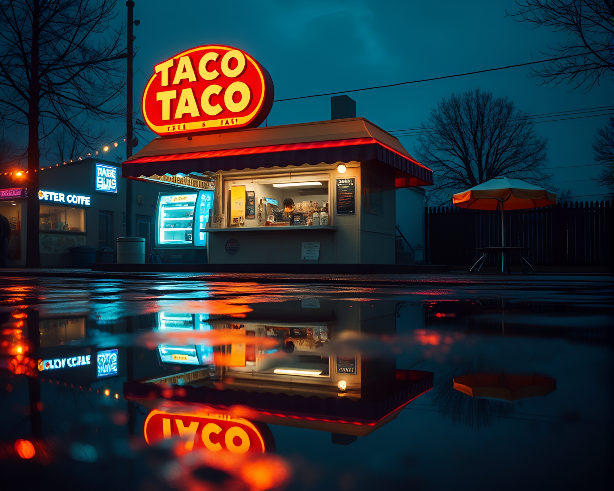 Taco Stand Reflection in Puddle: Minimalist Candlelit Scene – free AI stock image