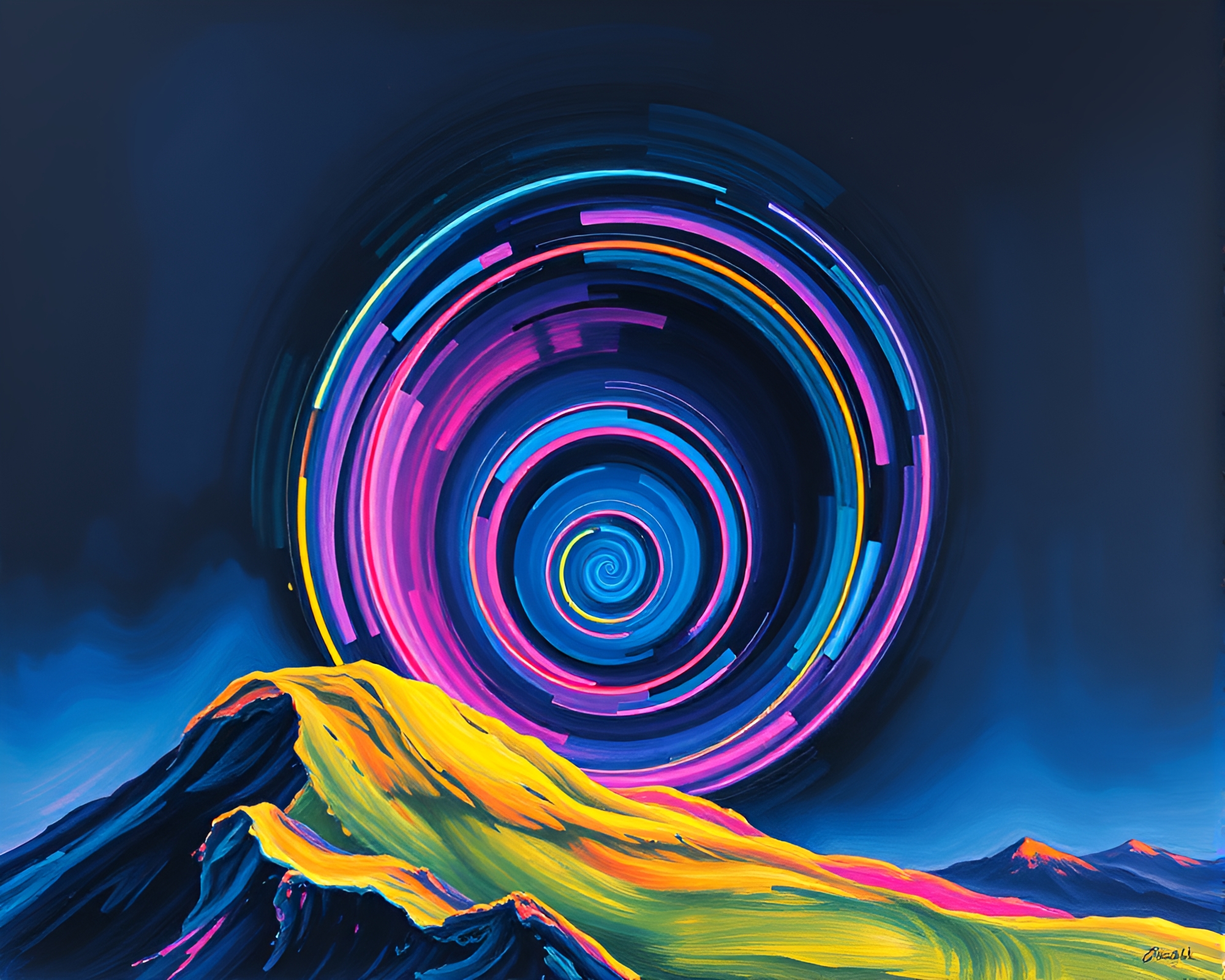 Neon Monolith Spiral in Gouache Splendor – free AI stock image