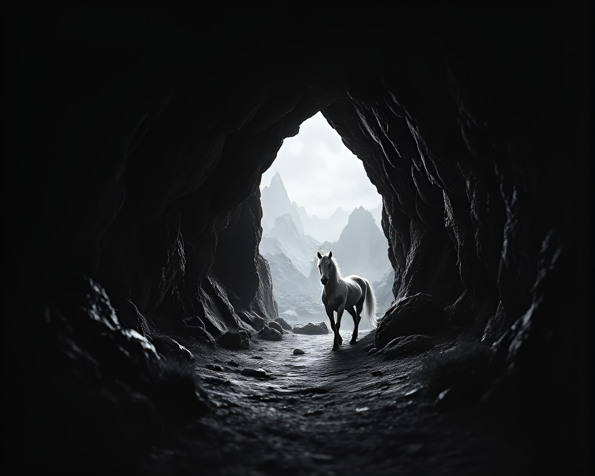 Unicorn in Engraved Cave Entrance Etching – free AI stock image