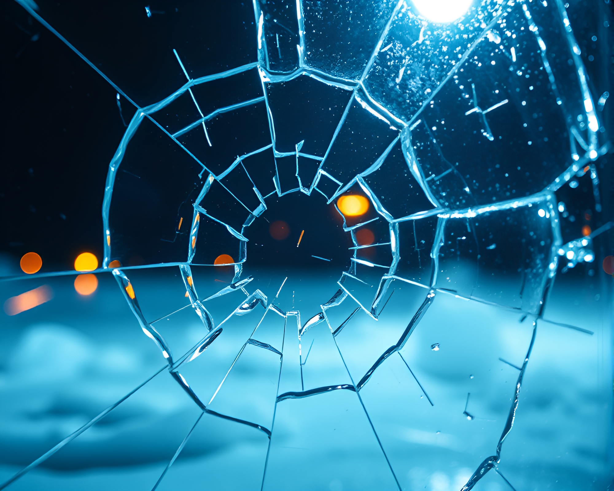 Shattered Glacier: Broken Glass Reflections under Fluorescent Lights – free AI stock image